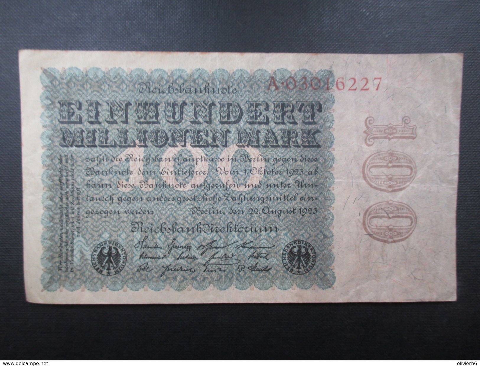 BILLET REICHSBANKNOTE (V1719) 100.000.000 EIN HUNDERT MILLIONEN MARK (2 Vues) BERLIN 22/08/1923 - 100 Miljoen Mark