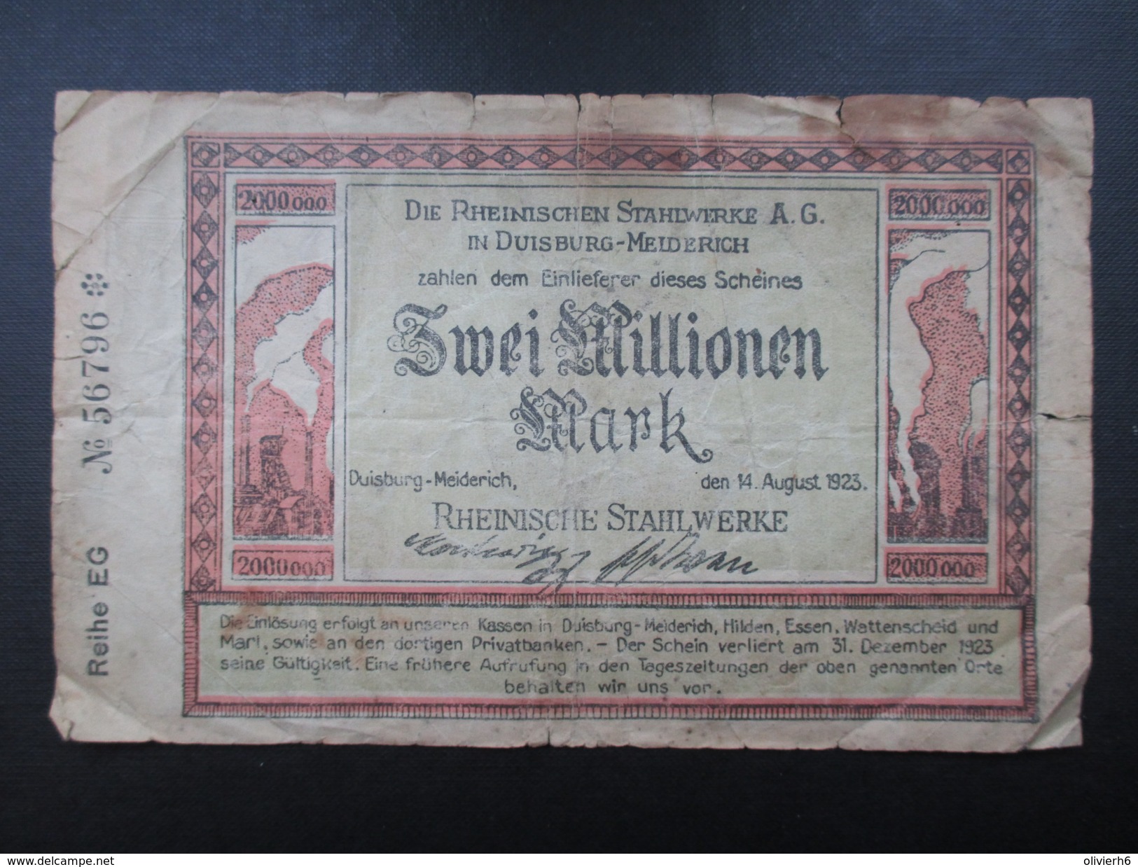 BILLET REICHSBANKNOTE (V1719) ZWEI MILLIONEN MARK (2 Vues) DUISBURG - MEIDERICH 14/08/1923 Rheinischen Stahlwerke - 2 Millionen Mark