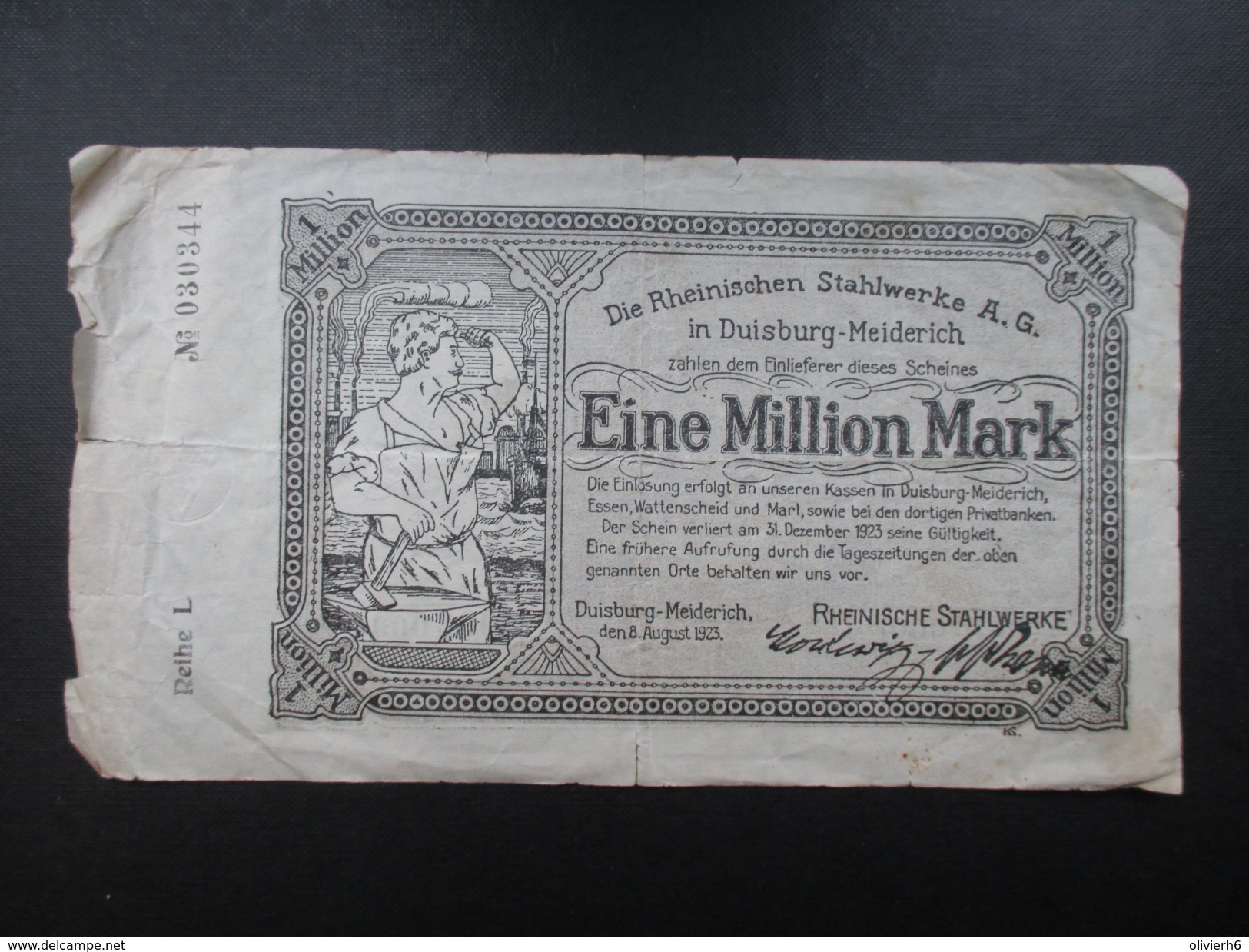 BILLET REICHSBANKNOTE (V1719) EINE MILLION MARK (2 Vues) DUISBURG - MEIDERICH 08/08/1923 Rheinischen Stahlwerke - 1 Mio. Mark