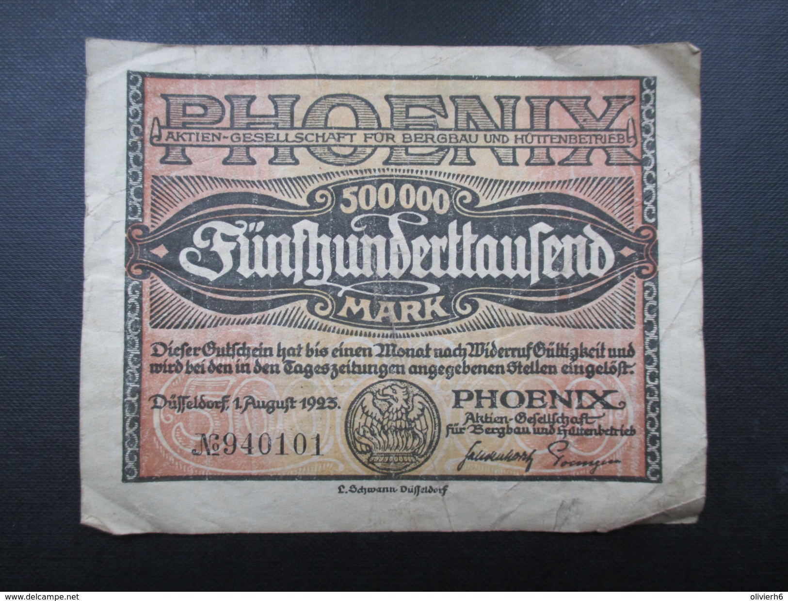 BILLET REICHSBANKNOTE (V1719) FUNF HUNDERT TAUSEND MARK (2 Vues) PHOENIX Dusseldorf 01/08/1923 - 500000 Mark