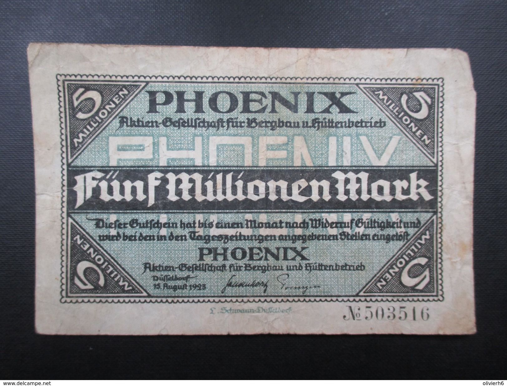 BILLET REICHSBANKNOTE (V1719) FUNF MILLIONEN MARK (2 Vues) PHOENIX Dusseldorf 15/08/1923 - 500.000 Mark