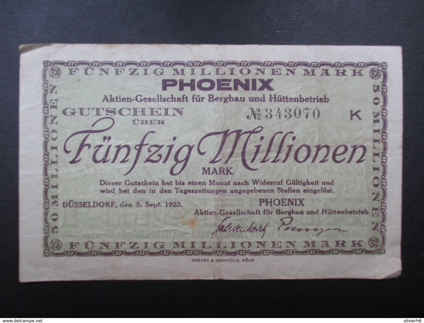 BILLET REICHSBANKNOTE (V1719) FUNFZIG MILLIONEN MARK (2 Vues) PHOENIX Dusseldorf 05/09/1923 - 50 Mio. Mark