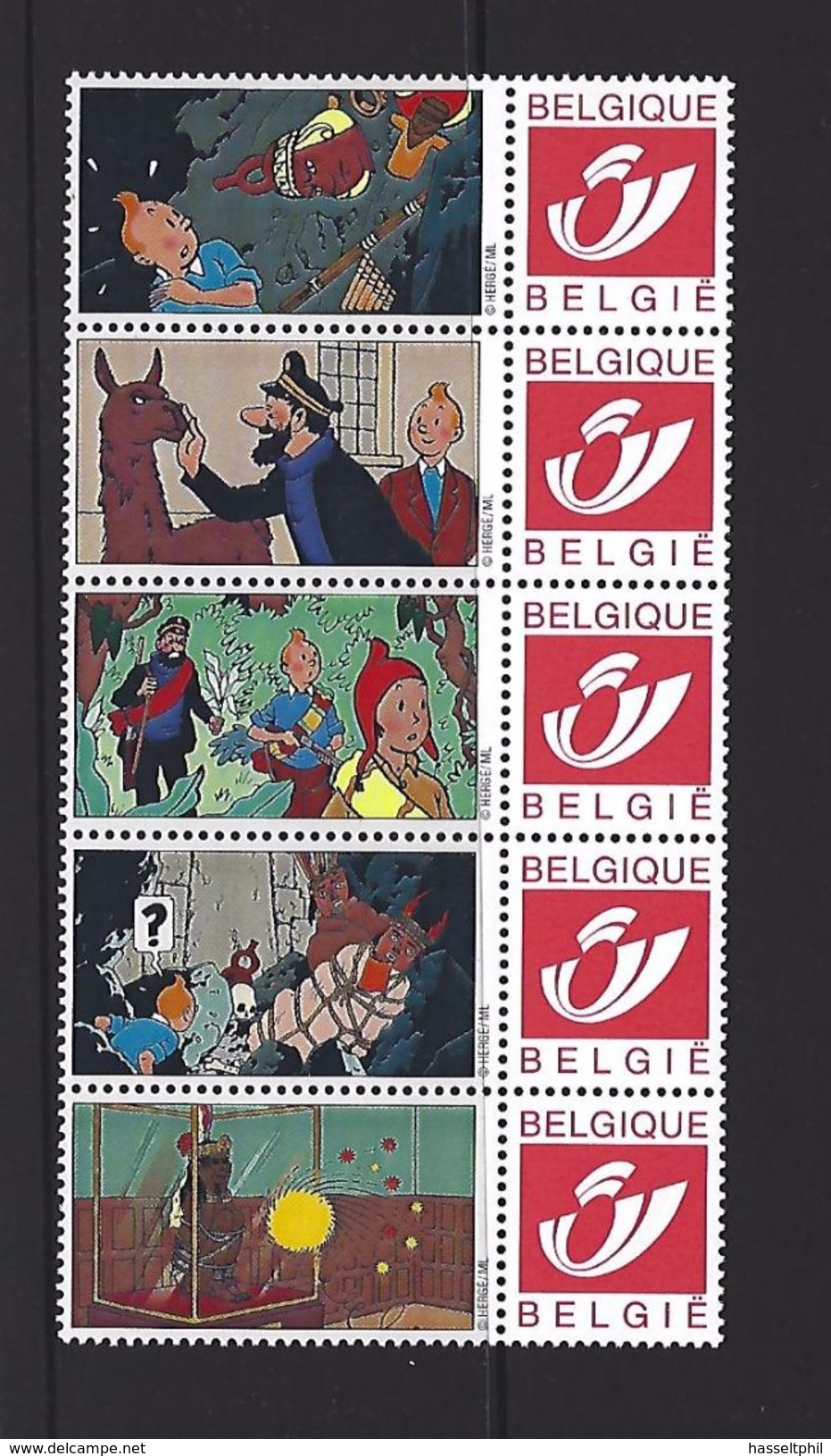 BELGIQUE - BELGIE Mijn Zegel DUOSTAMP  -  Strook Van 5 Postzegels KUIFJE - TINTIN  - De Zonnetempel + EXTRA'S - Autres & Non Classés