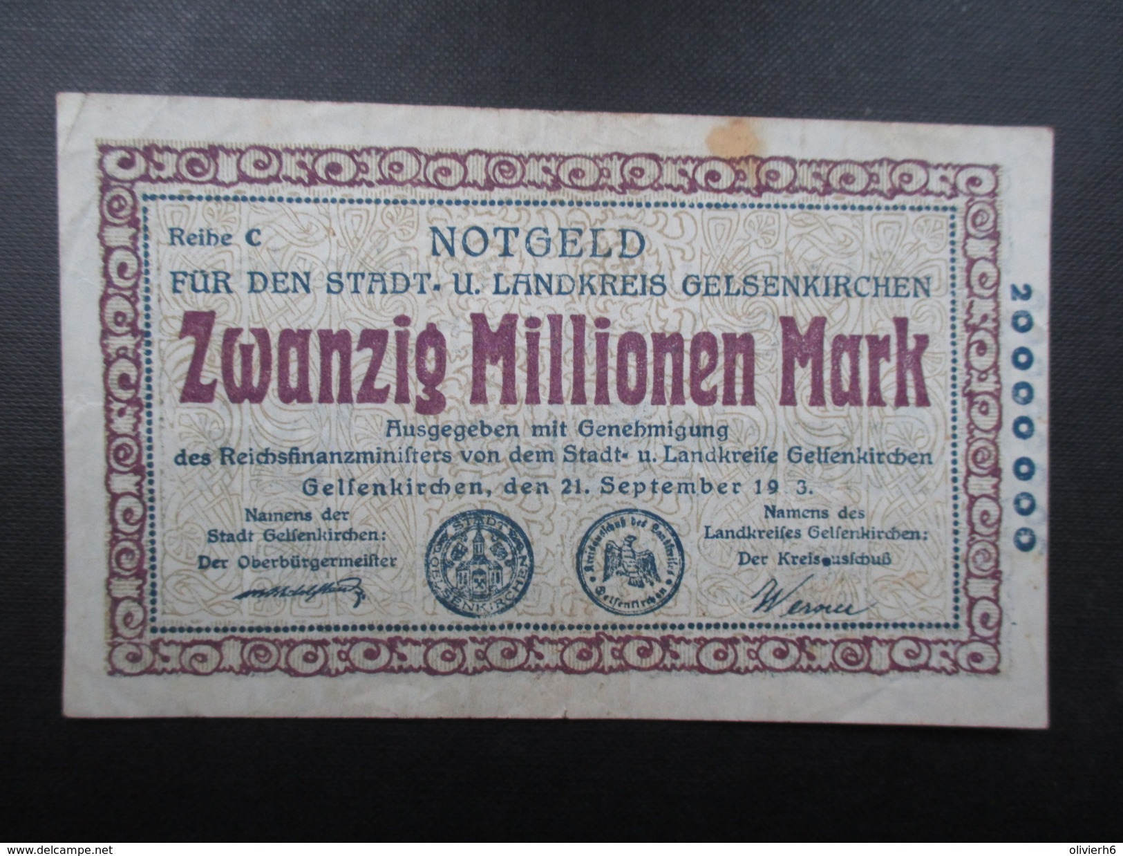 BILLET NOTGELD (V1719) ZWANZIG MILLIONEN MARK (2 Vues) Stadt Und Landkreis GELSENKIRCHEN 21/09/1923 - 20 Millionen Mark