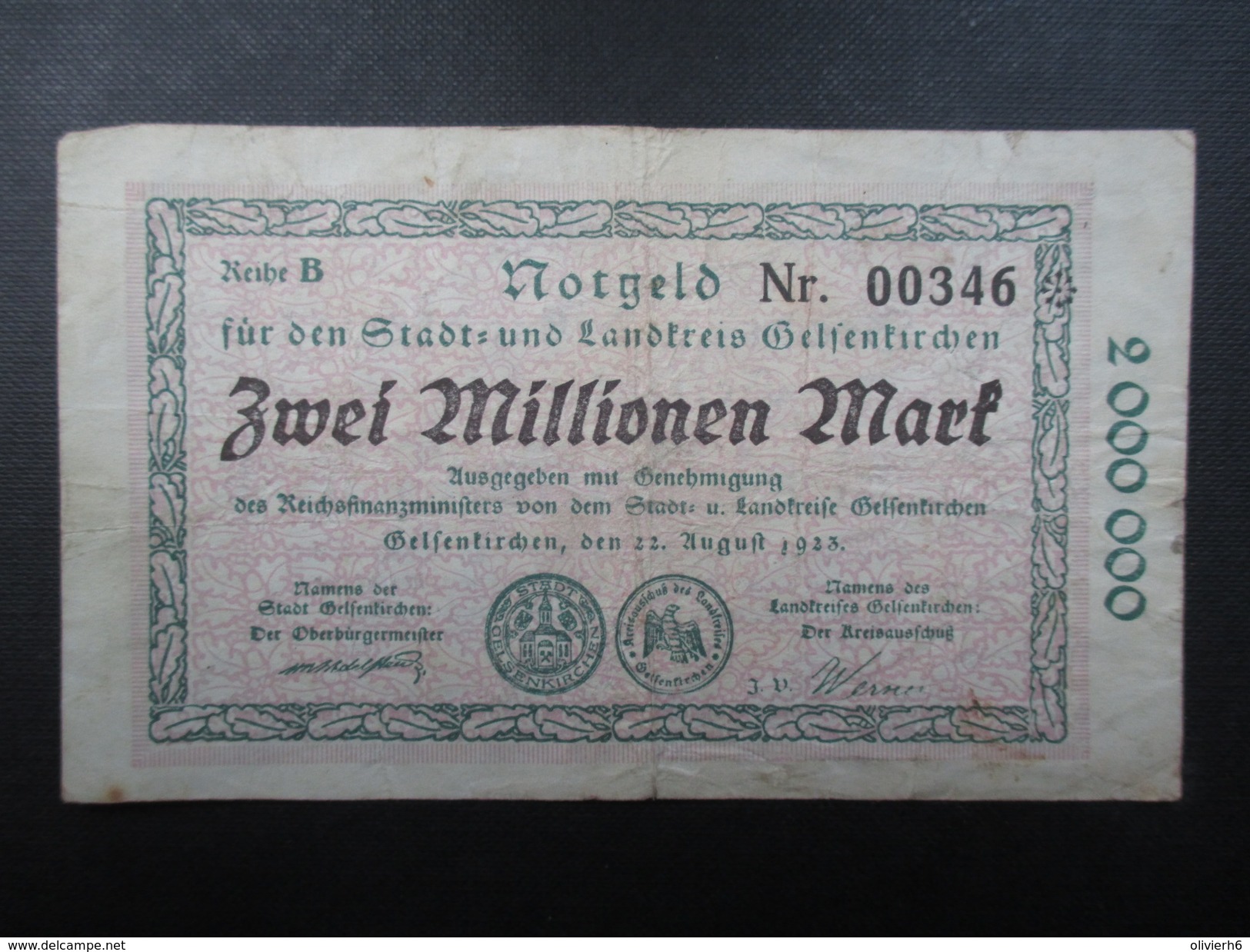 BILLET NOTGELD (V1719) ZWEI MILLIONEN MARK (2 Vues) Stadt Und Landkreis GELSENKIRCHEN 22/08/1923 00346 - 2 Mio. Mark