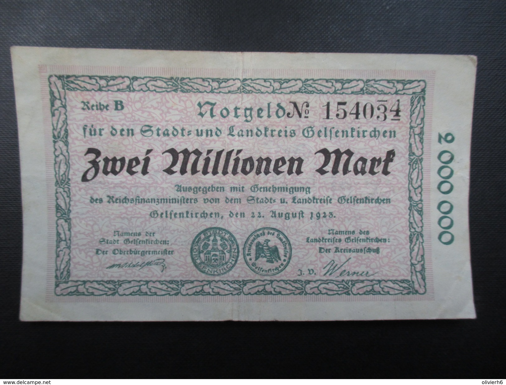 BILLET NOTGELD (V1719) ZWEI MILLIONEN MARK (2 Vues) Stadt Und Landkreis GELSENKIRCHEN 22/08/1923 154034 - 2 Mio. Mark