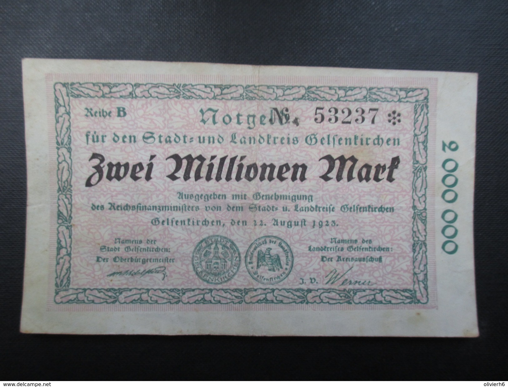 BILLET NOTGELD (V1719) ZWEI MILLIONEN MARK (2 Vues) Stadt Und Landkreis GELSENKIRCHEN 22/08/1923 53237 - 2 Mio. Mark