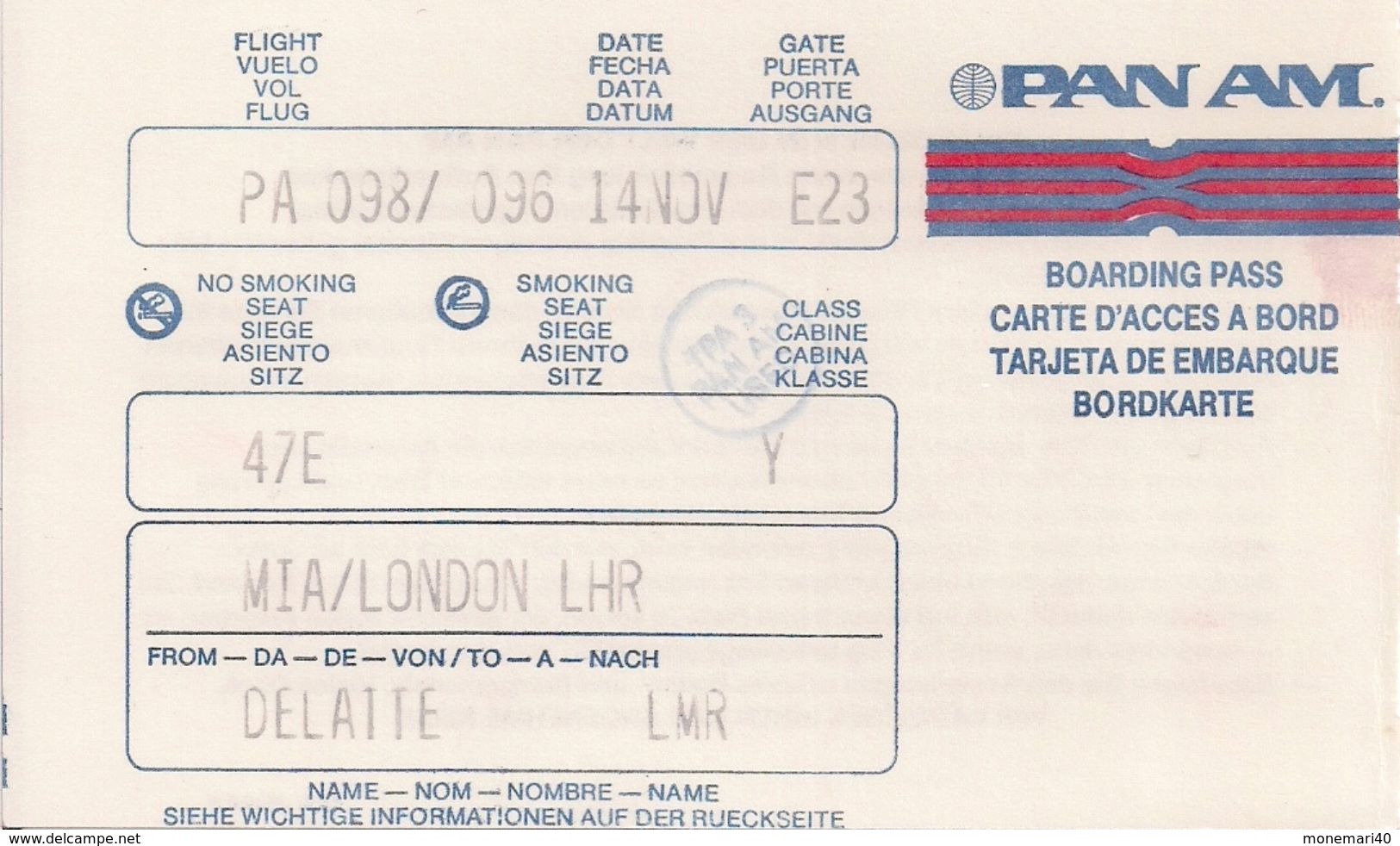 PAN AM - MIAMI-LONDON - CARTE D'ACCES A BORD - LAURENT - 12.. - World