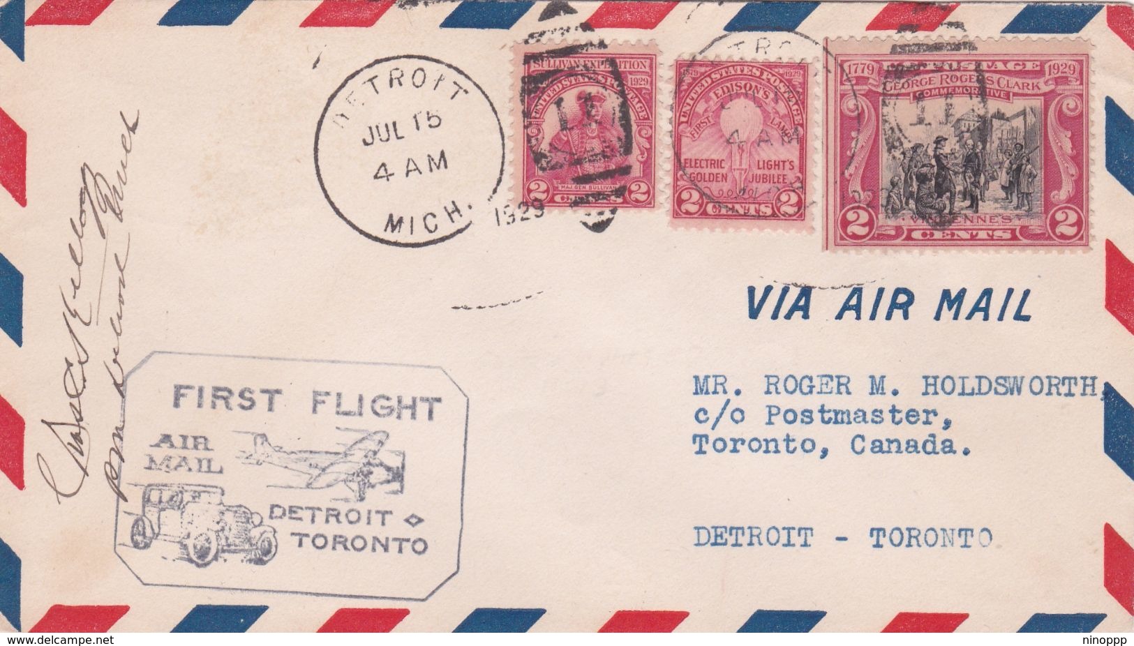 United States 1929 First Flight Air Mail From Detroit To Toronto, Canada, Souvenir Cover - Covers & Documents