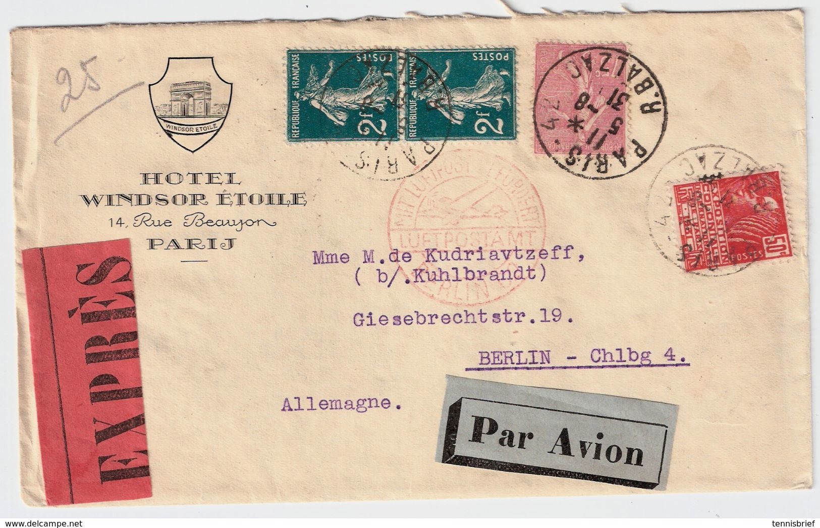 1931, Lettre Hotel , Expres Et " Par Avion "   , #8880 - 1921-1960: Période Moderne