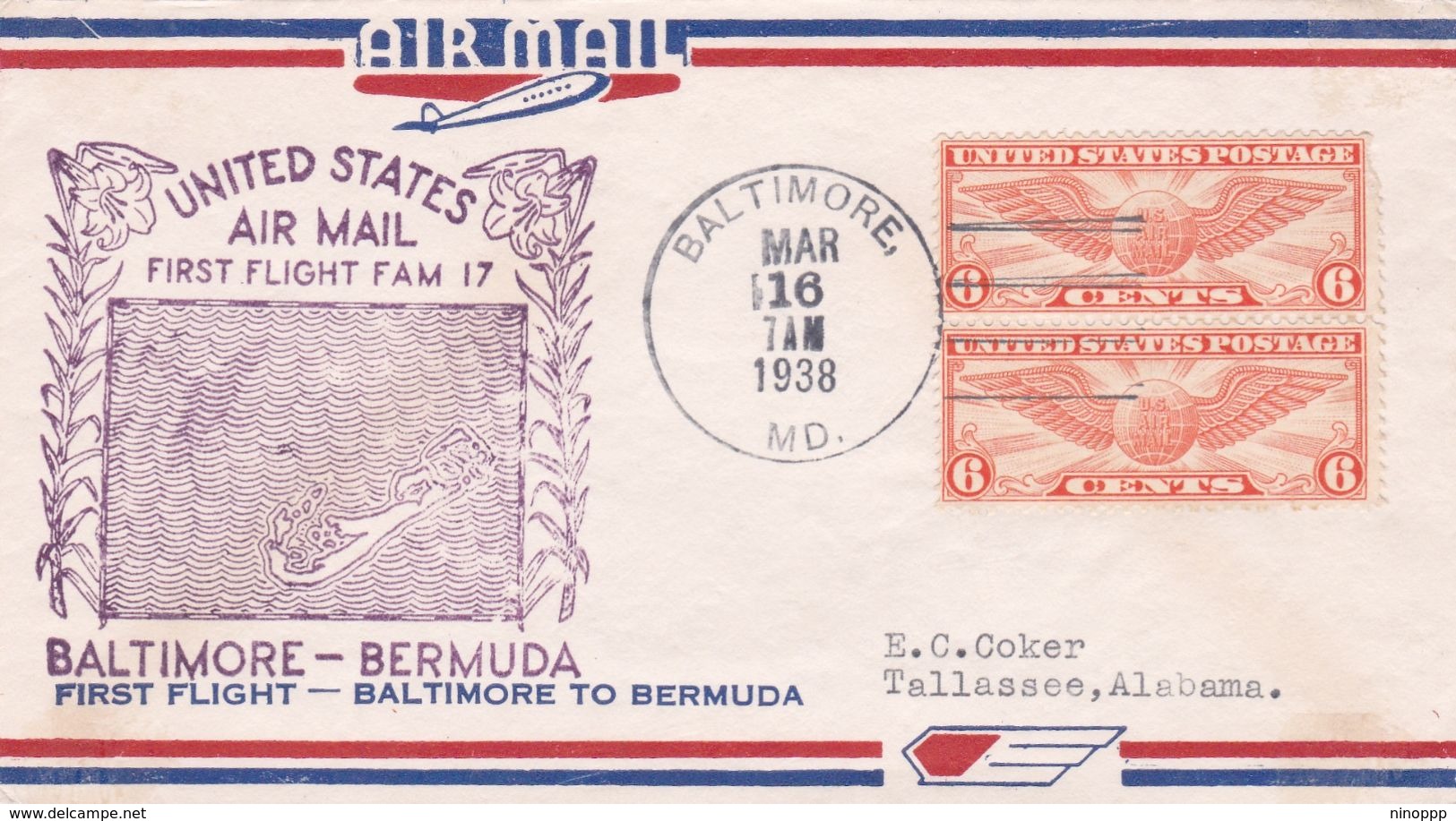 United States 1938 First Flight F.A.M. 17 From Baltimore To Bermuda, Souvenir Cover - Covers & Documents