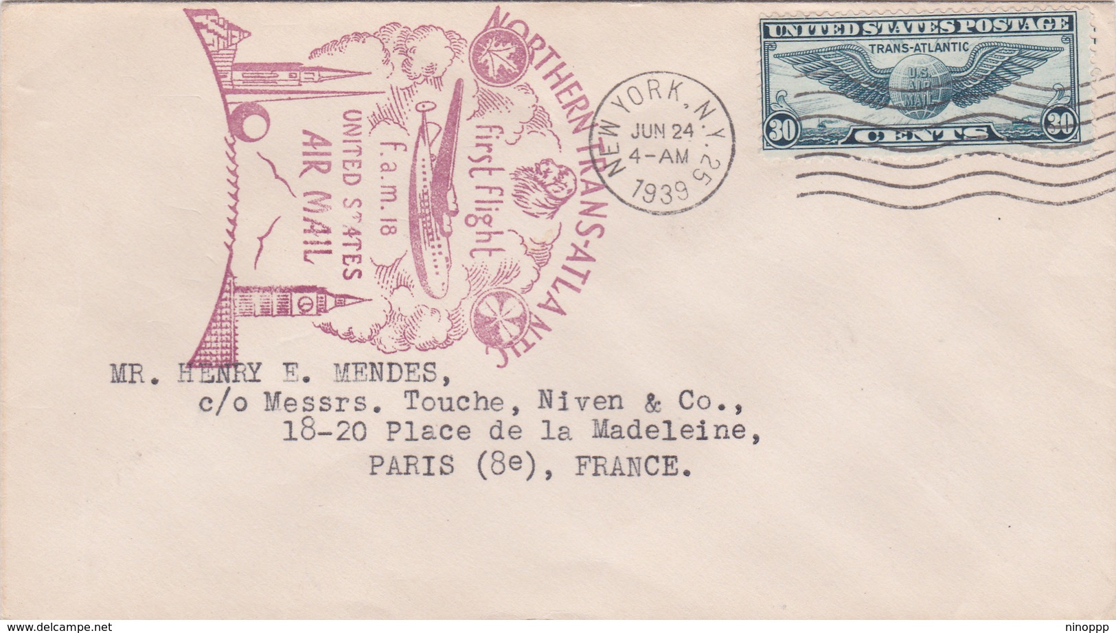 United States 1939 First Flight F.M.18 New York To Paris France, Souvenir Cover - Covers & Documents