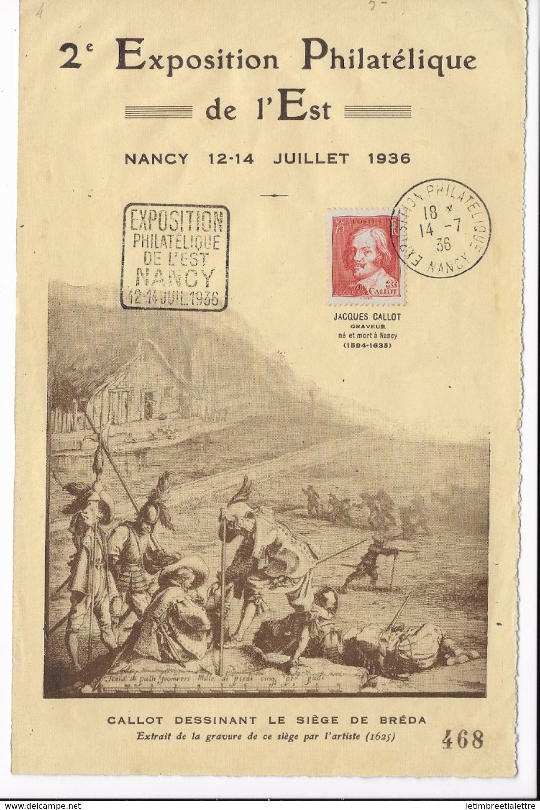 Nancy Exposition Philatélique Avec Dagin Hommage à J.Callot 12-14 Juillet 1936 - Filatelistische Tentoonstellingen