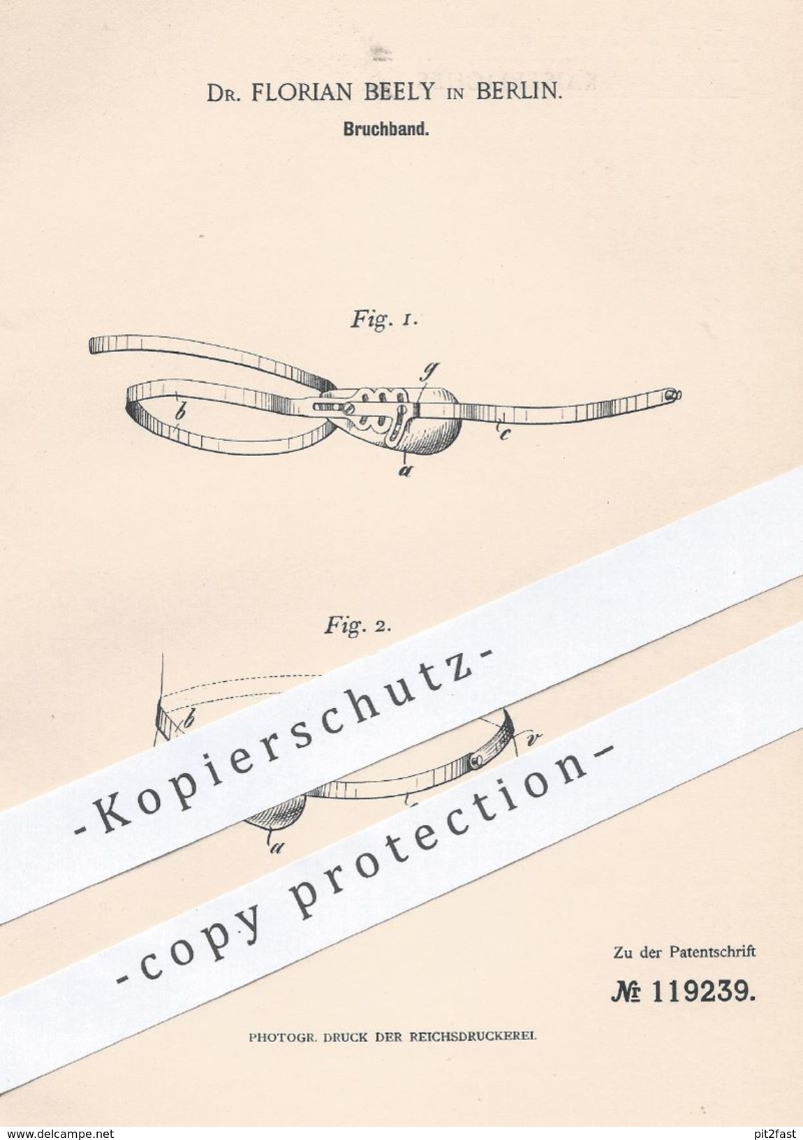 Original Patent - Dr. Florian Beely , Berlin 1900 , Bruchband | Verband , Medizin , Arzt , Chirurg , Orthopäde , Schiene - Historische Dokumente