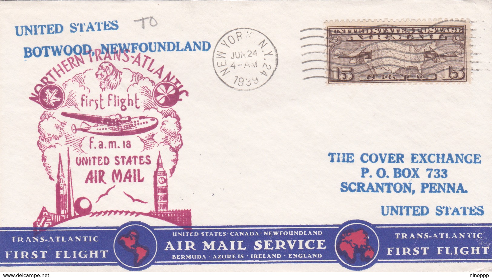 United States 1939 First Flight F.M.18 United States To Botwood, Newfoundland, Souvenir Cover - Covers & Documents