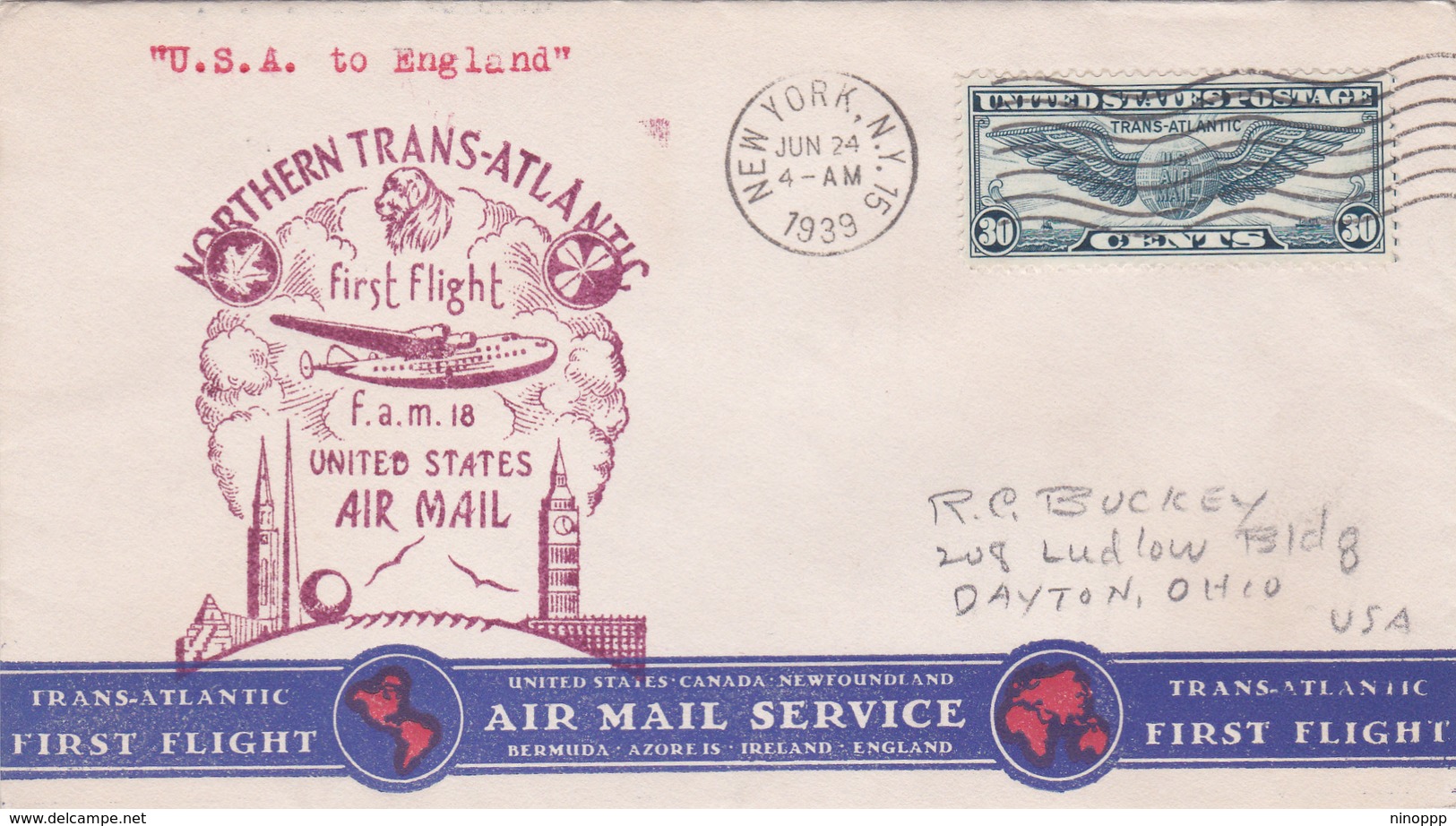 United States 1939 First Flight F.M.18 USA To England, Souvenir Cover - Covers & Documents