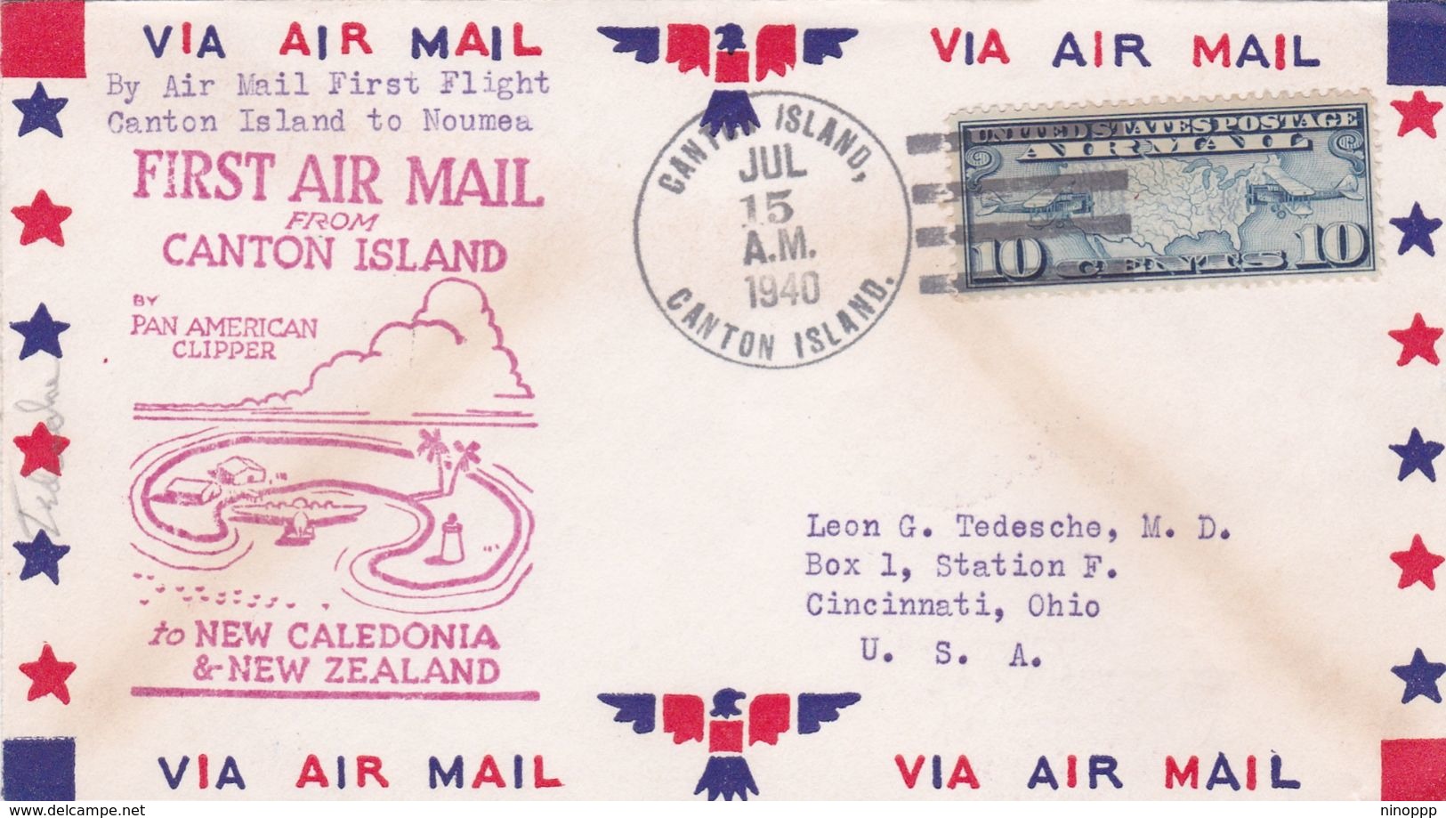 United States 1940 First Flight F.M.19 Canton Island To Noumea, Souvenir Cover - Covers & Documents