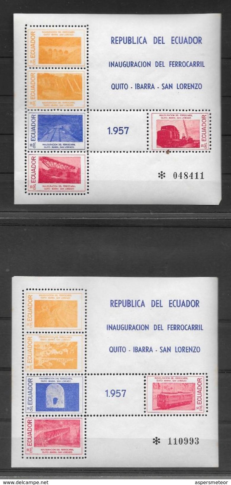 ECUADOR EQUATEUR BLOCS YVERT TELLIER NRS. 5 ET 6 MNH AÑO 1957 INAUGURACION DEL FERROCARRIL QUITO IBARRA SAN LORENZO RARE - Trains