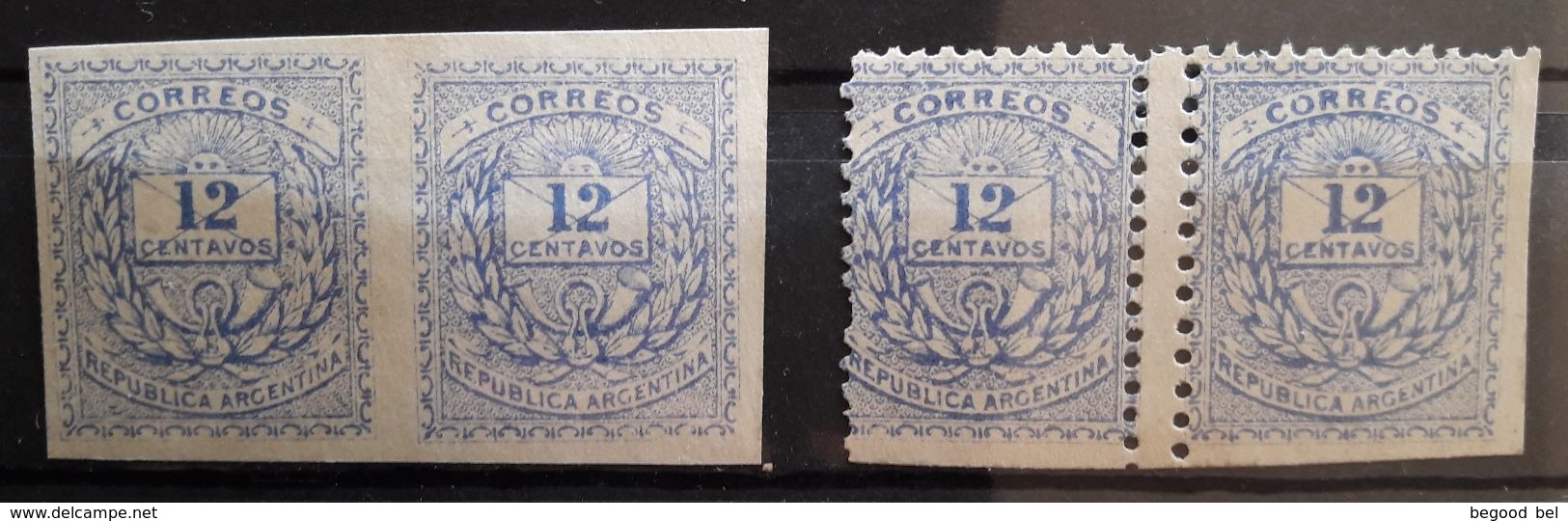 ARGENTINA - 1866 - NO GUM (*) - 12 C BLUE PERF AND IMPERFORATED - Lot 15966 - Neufs