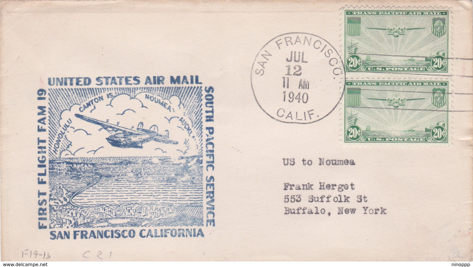 United States 1940 First Flight F.M.19 San Francisco To Noumea New Caledonia, Souvenir Cover - Covers & Documents