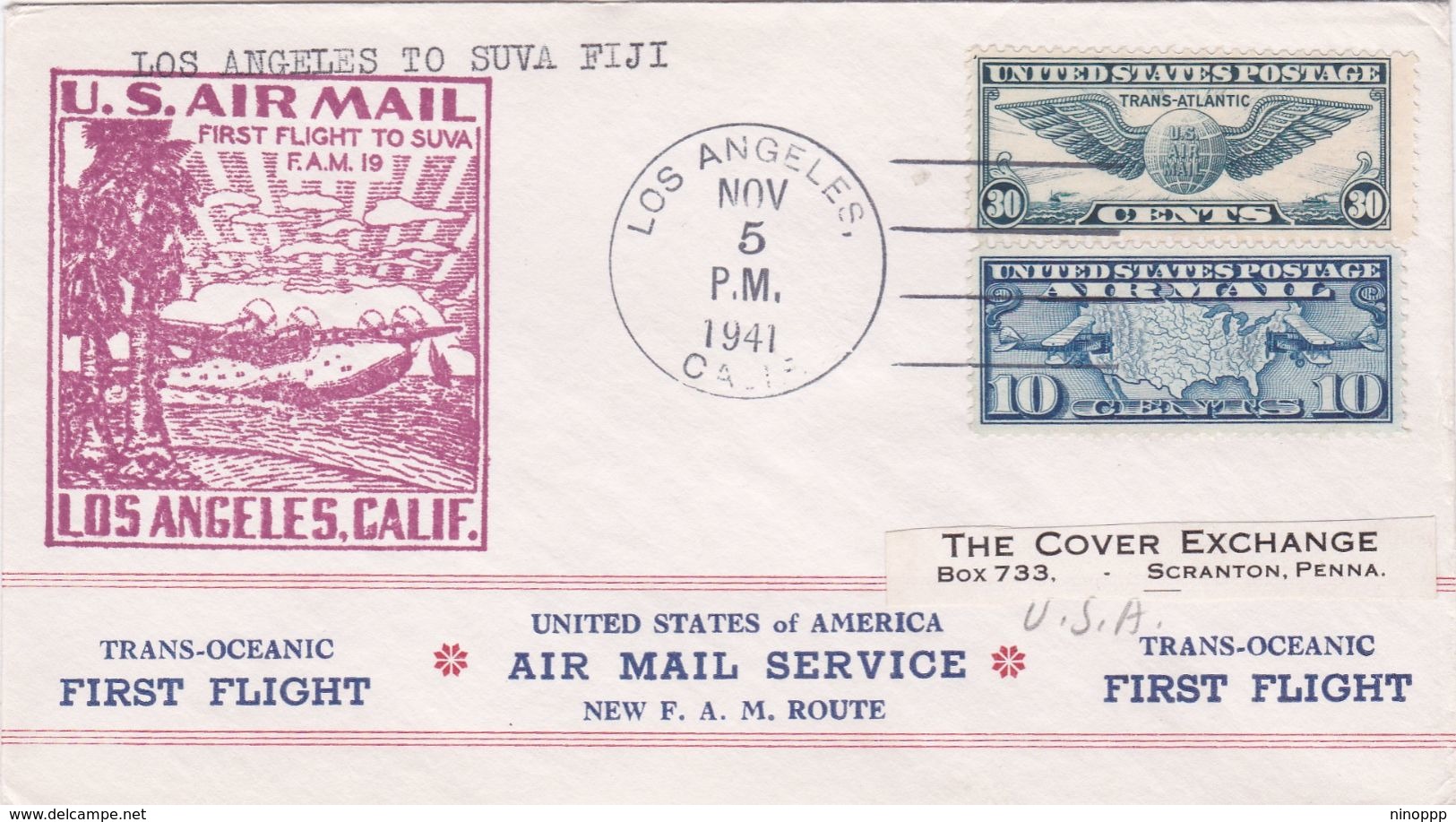 United States 1941 First Flight F.M.19 Los Angeles To Suva Fiji, Souvenir Cover - Brieven En Documenten