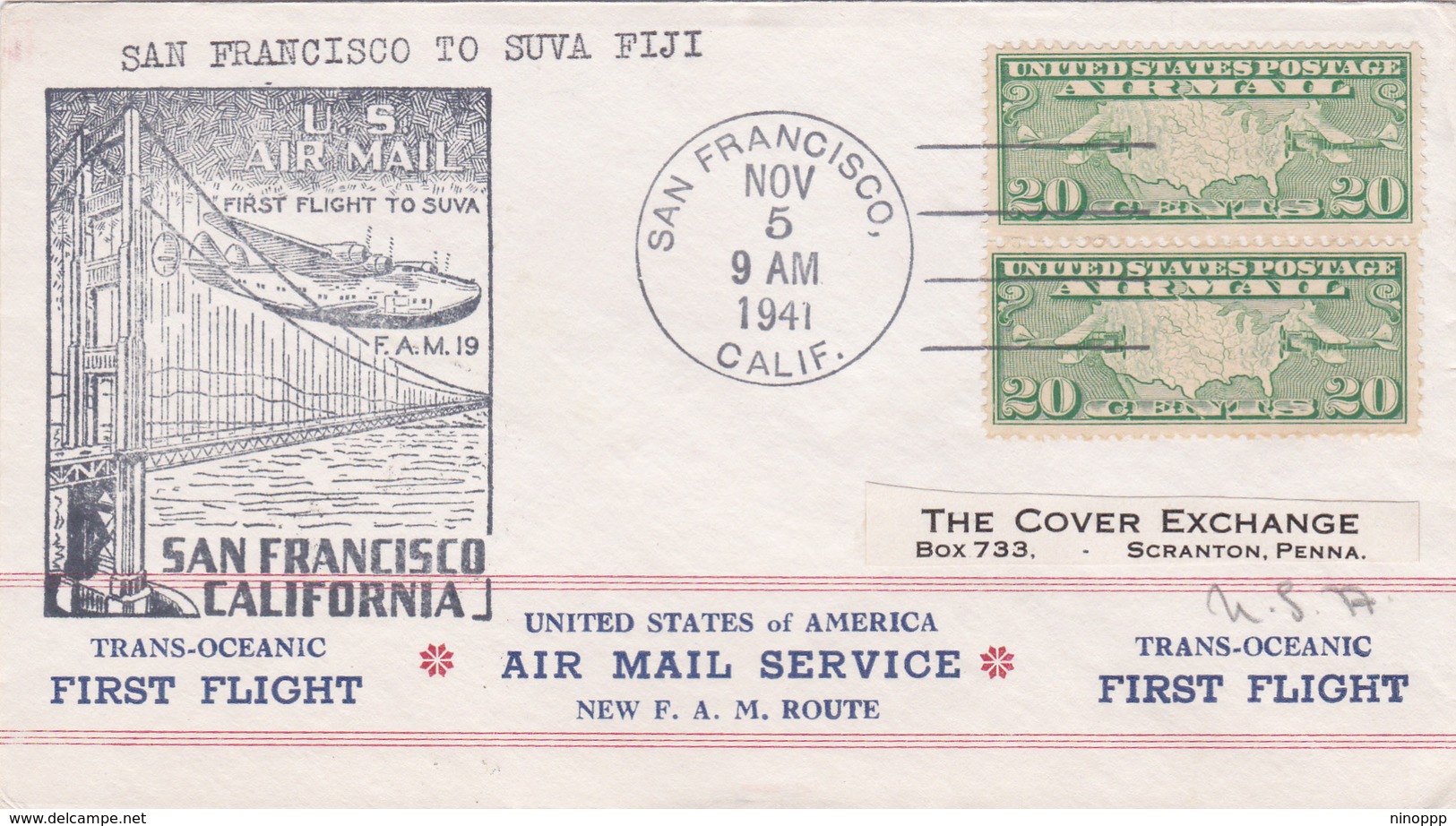 United States 1941 First Flight F.M.19 San Francisco To Suva Fiji, Souvenir Cover - Brieven En Documenten