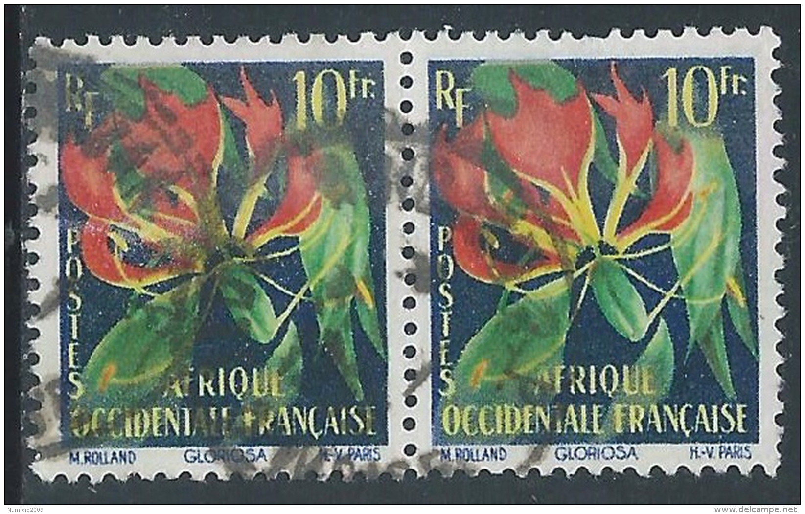 1958-59 AFRICA OCCIDENTALE FRANCESE USATO FIORI 10 F COPPIA - R39-8 - Usati