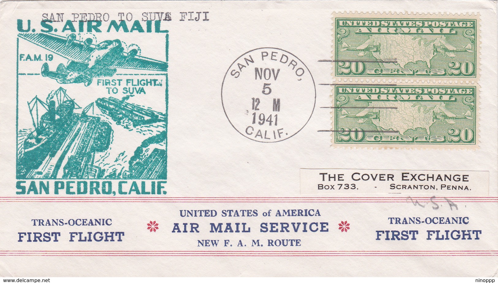 United States 1941 First Flight F.M.19 San Pedro To Suva Fiji, Souvenir Cover - Brieven En Documenten