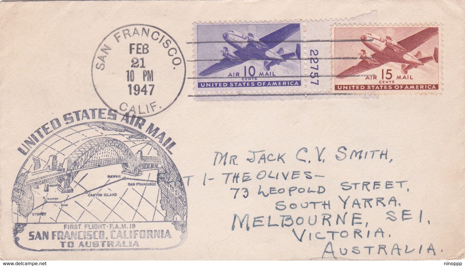 United States 1947 First Flight F.M.19 Cover San Francisco To Australia - Lettres & Documents