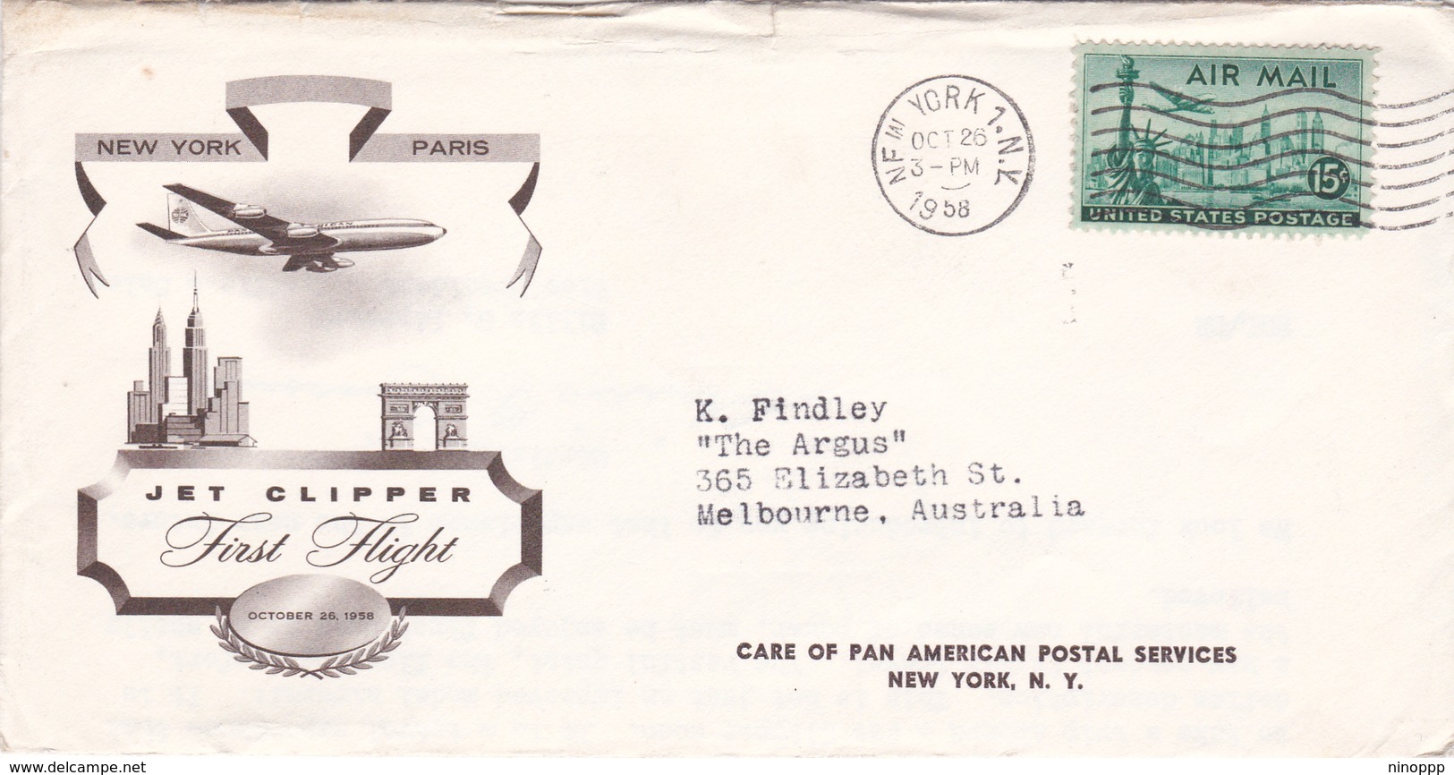 United States 1958 First Flight Jet Flipper From New York To Melbourne Via Paris, Souvenir Cover - Covers & Documents