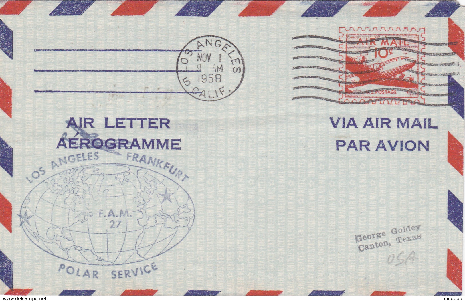 United States 1959 First Flight FAM 27 From Los Angeles To Frankfurt, Souvenir Cover - Covers & Documents