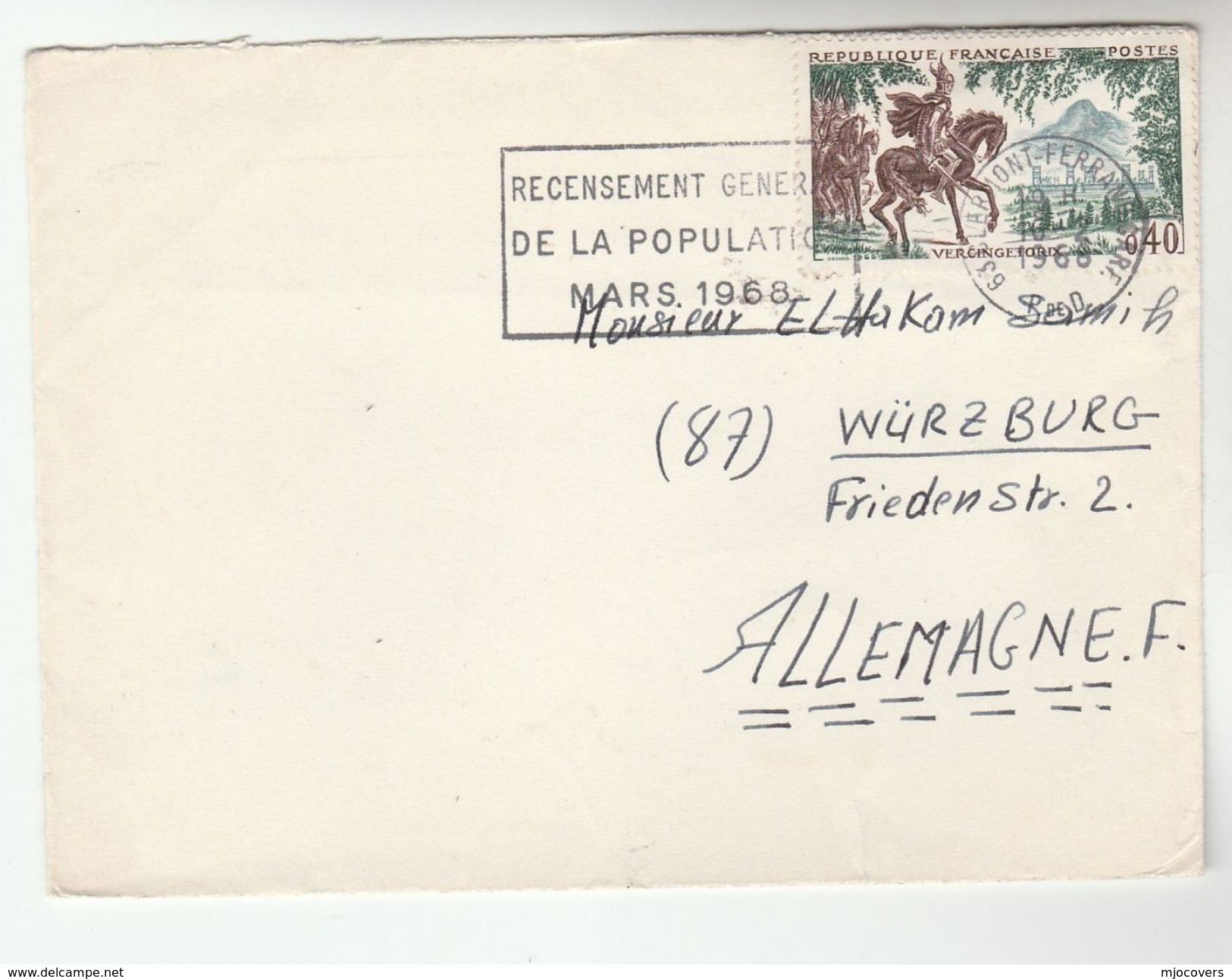 1966 Claremont FRANCE  COVER SLOGAN Pmk 1966 POPULATION CENSUS To Germany, Vercingeetorix Horse Stamps - Covers & Documents