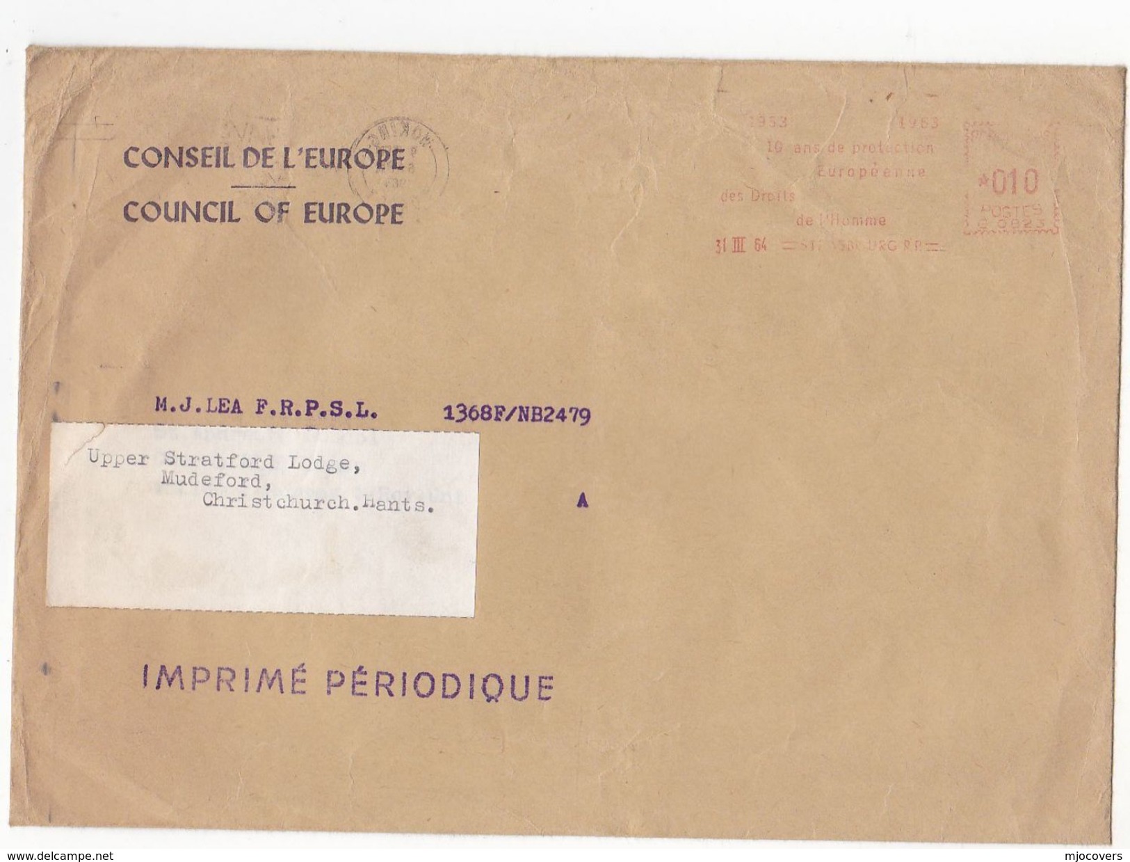 1964 COUNCIL OF EUROPE COVER METER Stamps STRASBOURG France To GB - European Community