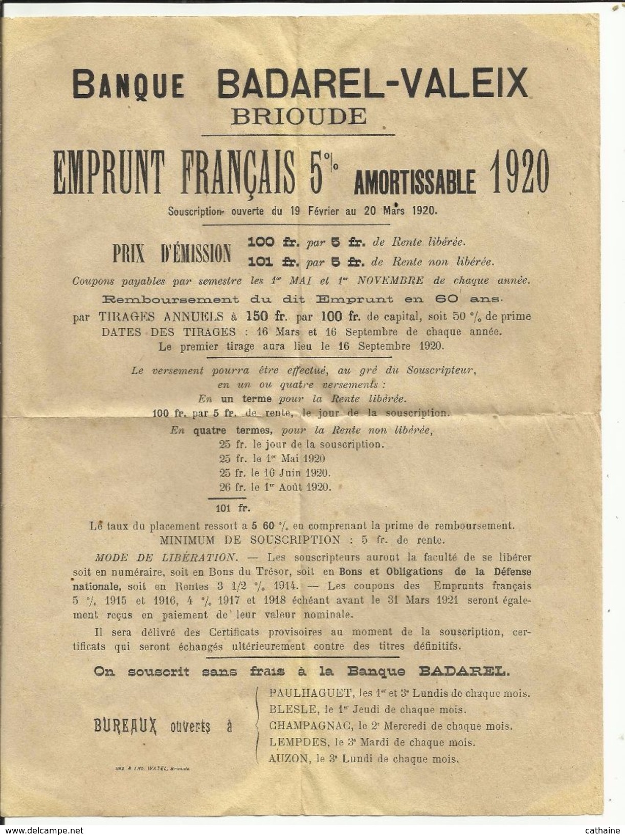 43 . BRIOUDE .  BANQUE " BADAREL VALEIX " . EMPRUNT FRANCAIS  5 % AMORTISSEMENT 1920 - Banque & Assurance