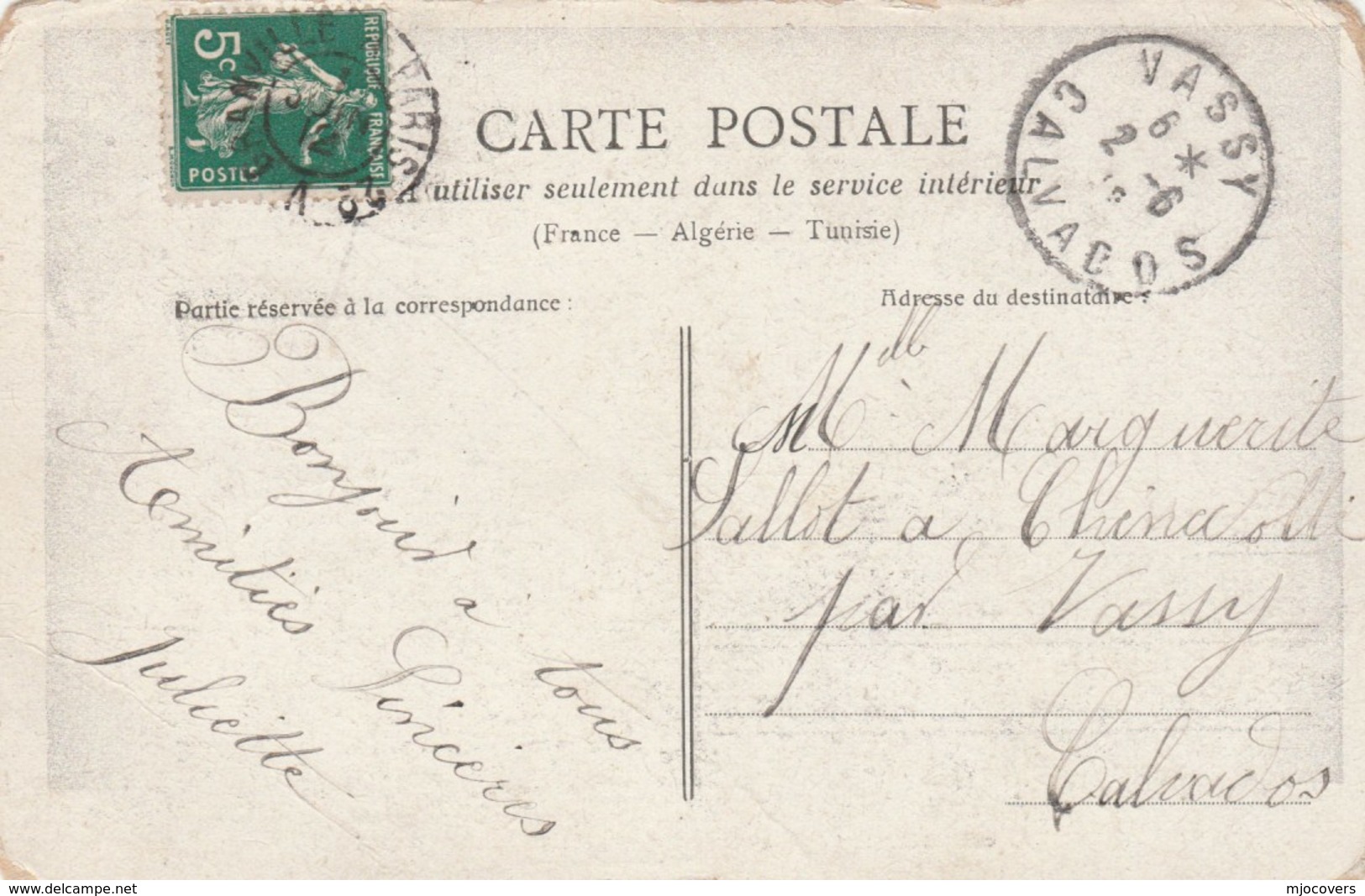 1912 Vassy Calvados FRANCE Stamps COVER (postcard Young Lady With Flowers) - Covers & Documents