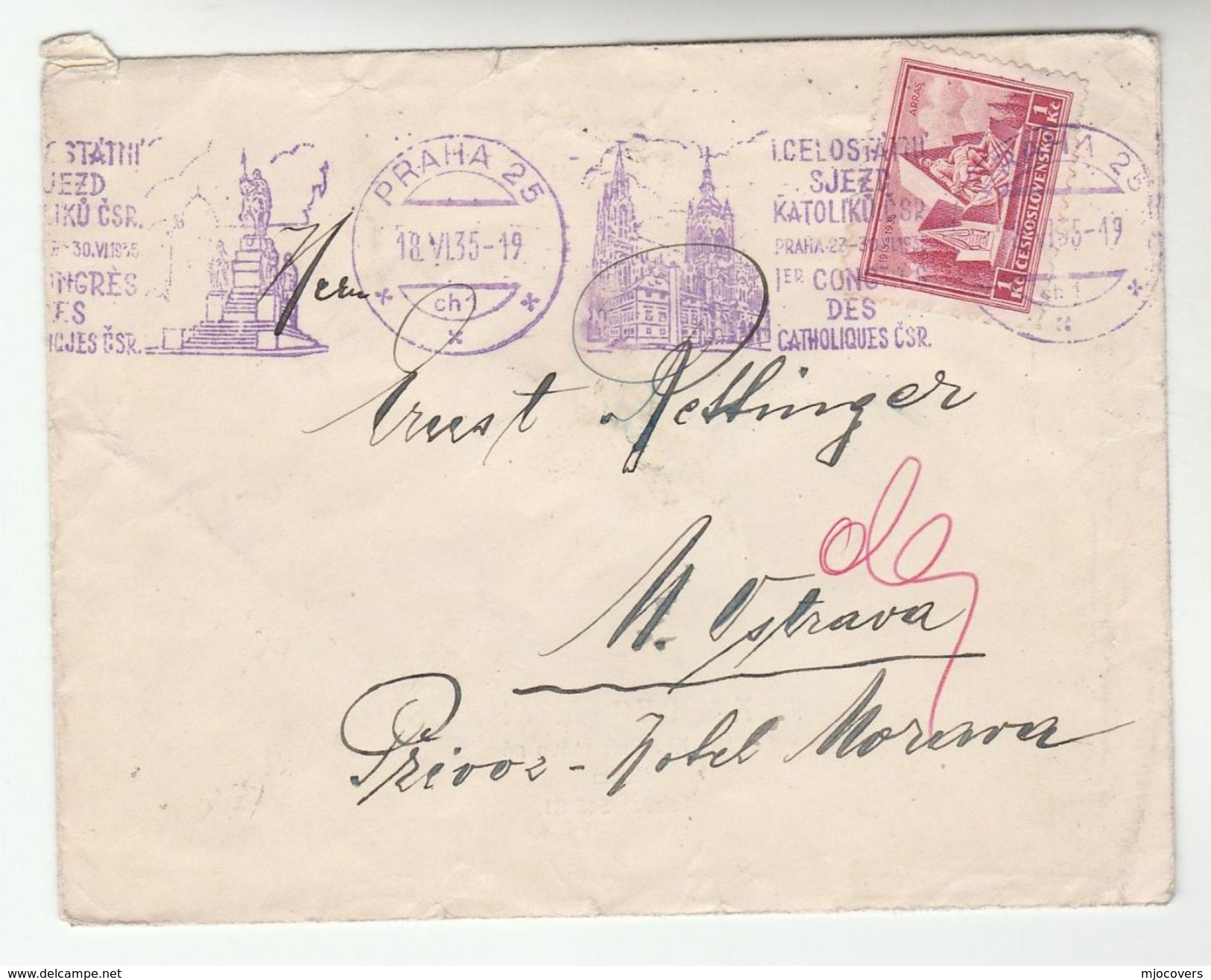 1935 CZECHOSLOVAKIA COVER SLOGAN Illus CHURCH PRAG CATHOLIC CONGRESS  CHURCH Religion  Arras WWI Anniv Stamps - Covers & Documents