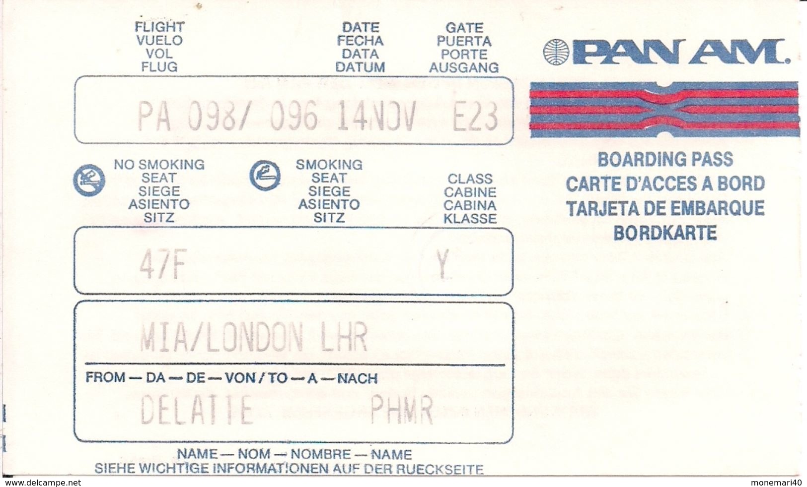 PAN AM - MIAMI-LONDON - CARTE D'ACCES A BORD - PHILIPPE - 14. - World