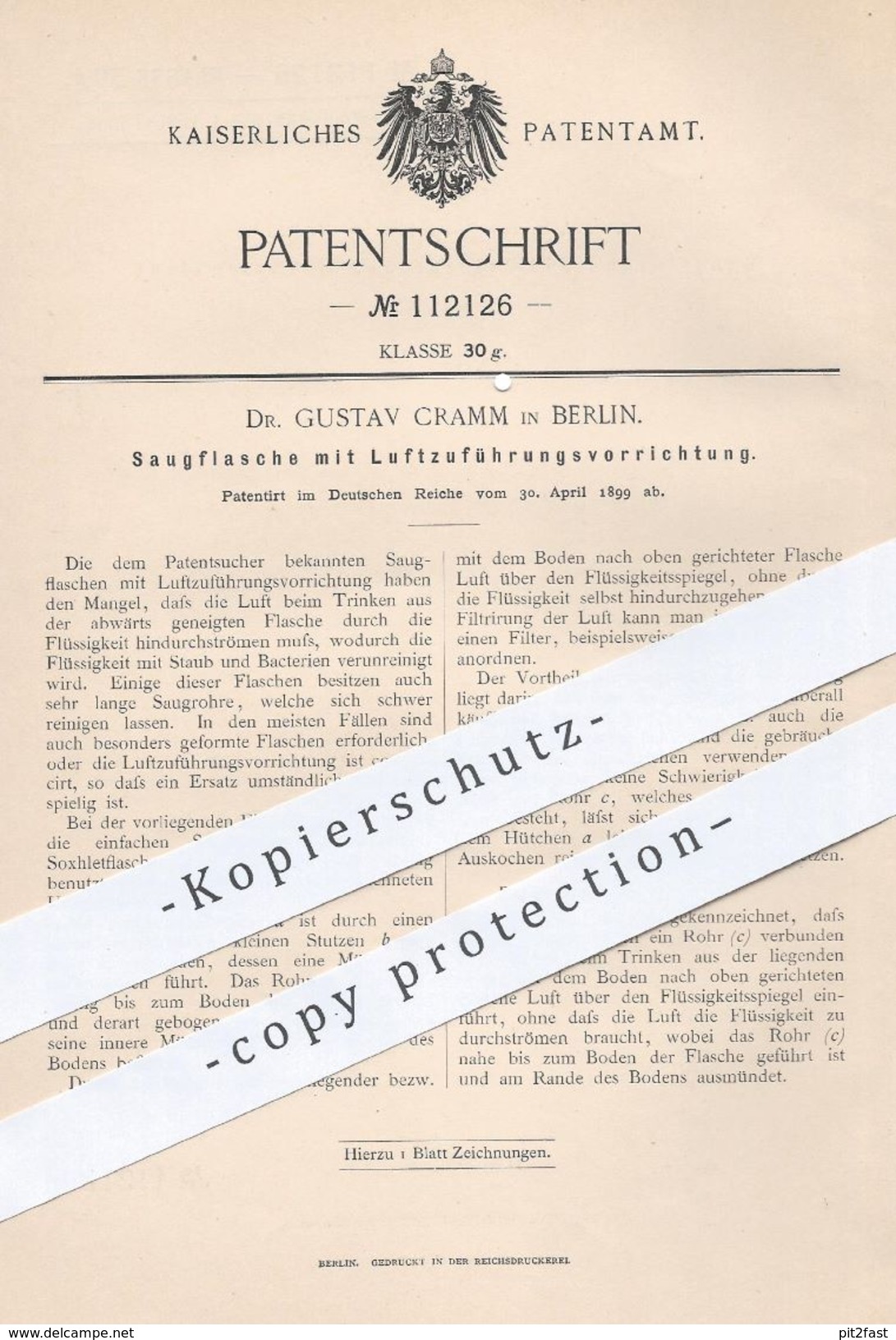 Original Patent - Dr. Gustav Cramm , Berlin , 1899 , Saugflasche Mit Luftzuführungsvorrichtung | Flasche , Flaschen !! - Documenti Storici