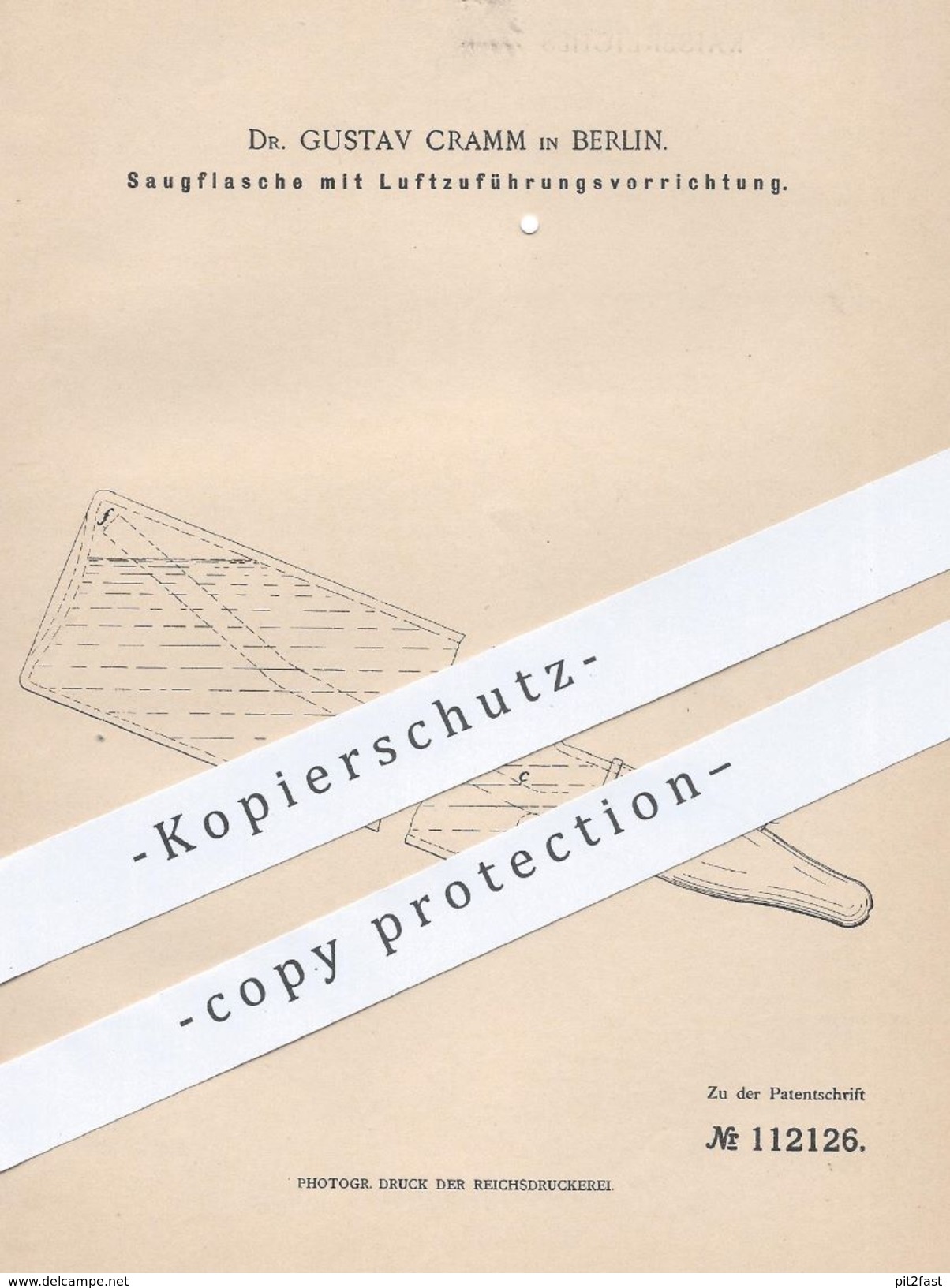 Original Patent - Dr. Gustav Cramm , Berlin , 1899 , Saugflasche Mit Luftzuführungsvorrichtung | Flasche , Flaschen !! - Historical Documents