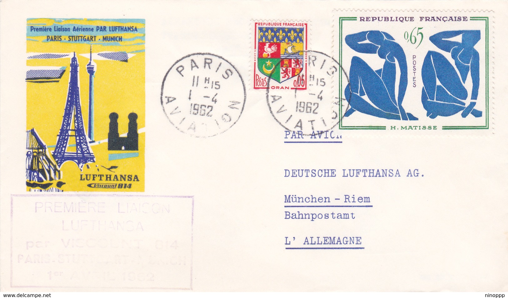 France 1962 First Flight By Lufthansa 814,from Paris To Munchen,souvenir Cover, - Covers & Documents