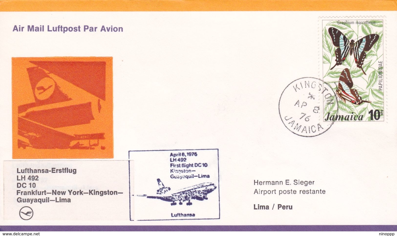 Jamaica 1976 Lufthansa Inaugural Flight LH 492 From Frankfurt To Lima Peru, Souvenir Cover - Jamaique (1962-...)