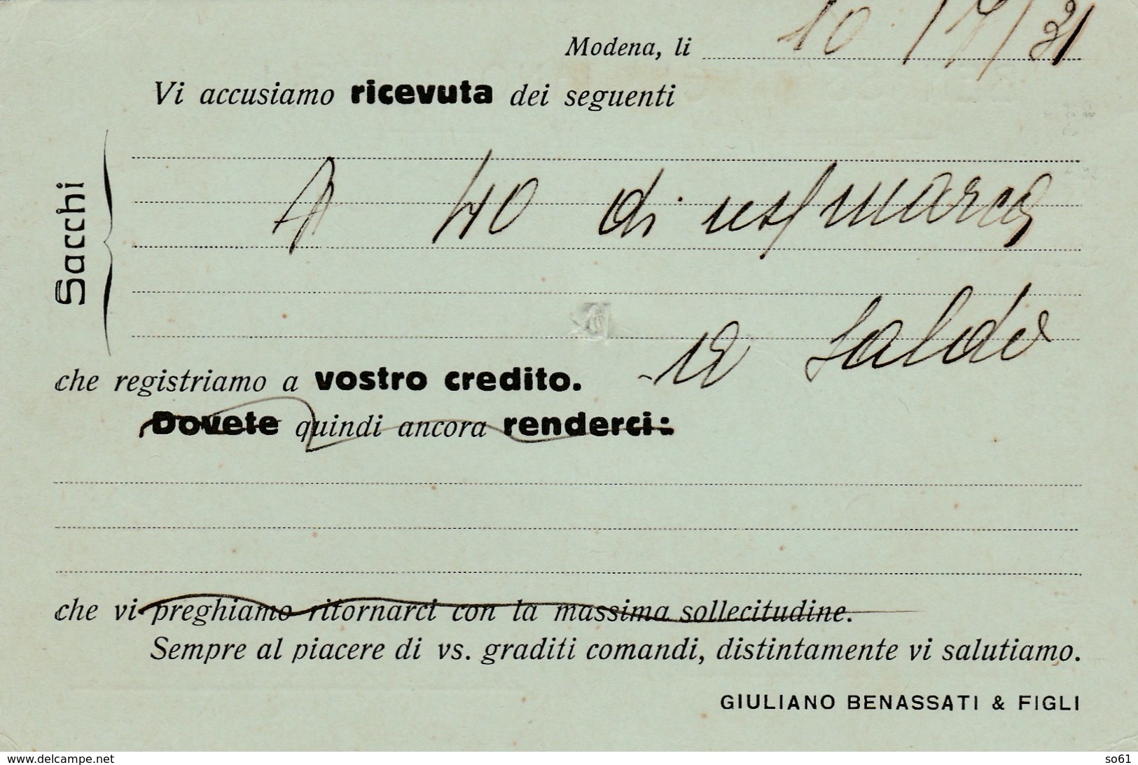 7334. Cartolina Commerciale - Benassati Giuliano & Figli - Modena Saliceto San Giuliano 1931 - Altri & Non Classificati