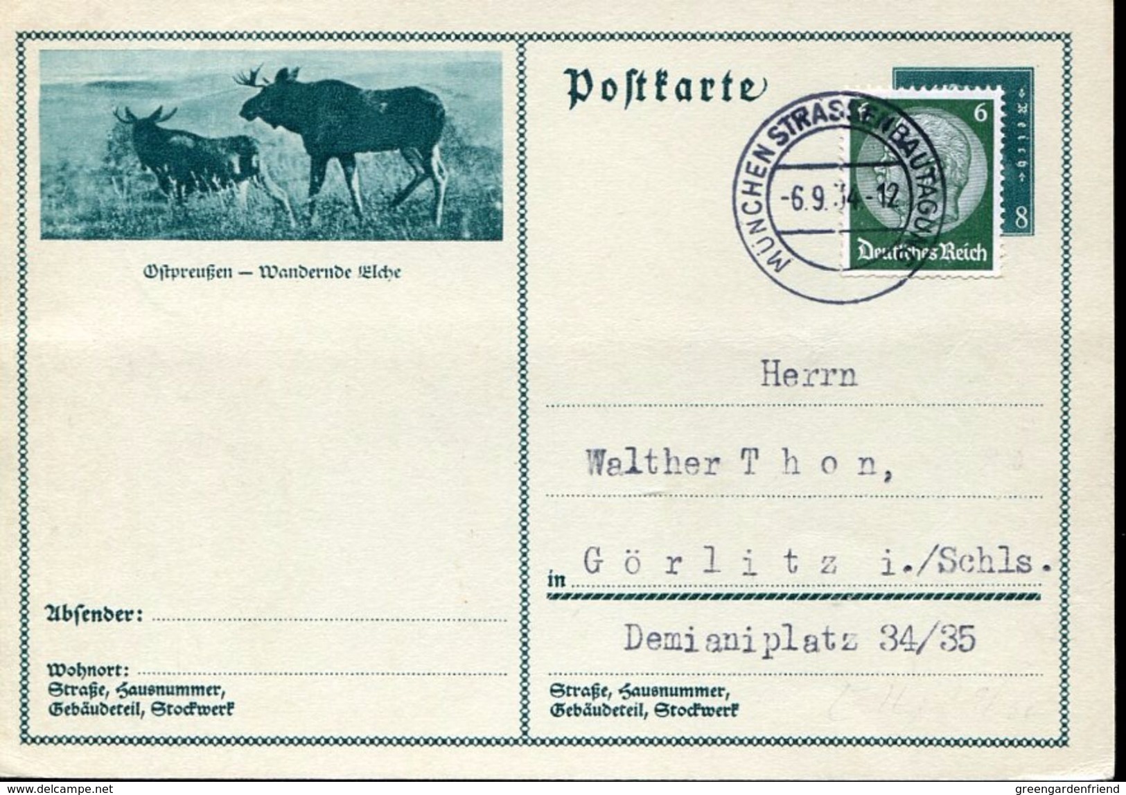 28361 Germany Reich, Stationery Card Circuled  8+6pf 1934 Showing Animals - Sonstige & Ohne Zuordnung