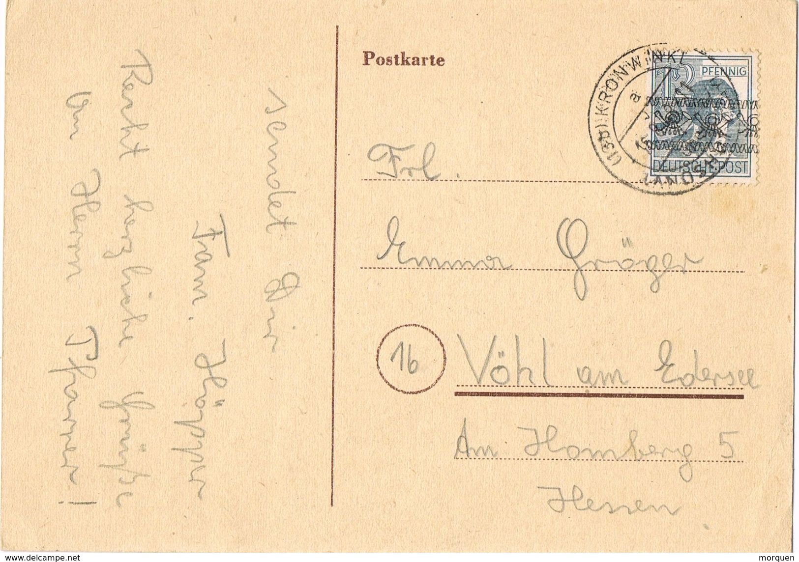 26318. Tarjeta Privada KRONWINKL (Alemania Zona Anglo Americana) 1948. Stamp Posthorn - Otros & Sin Clasificación