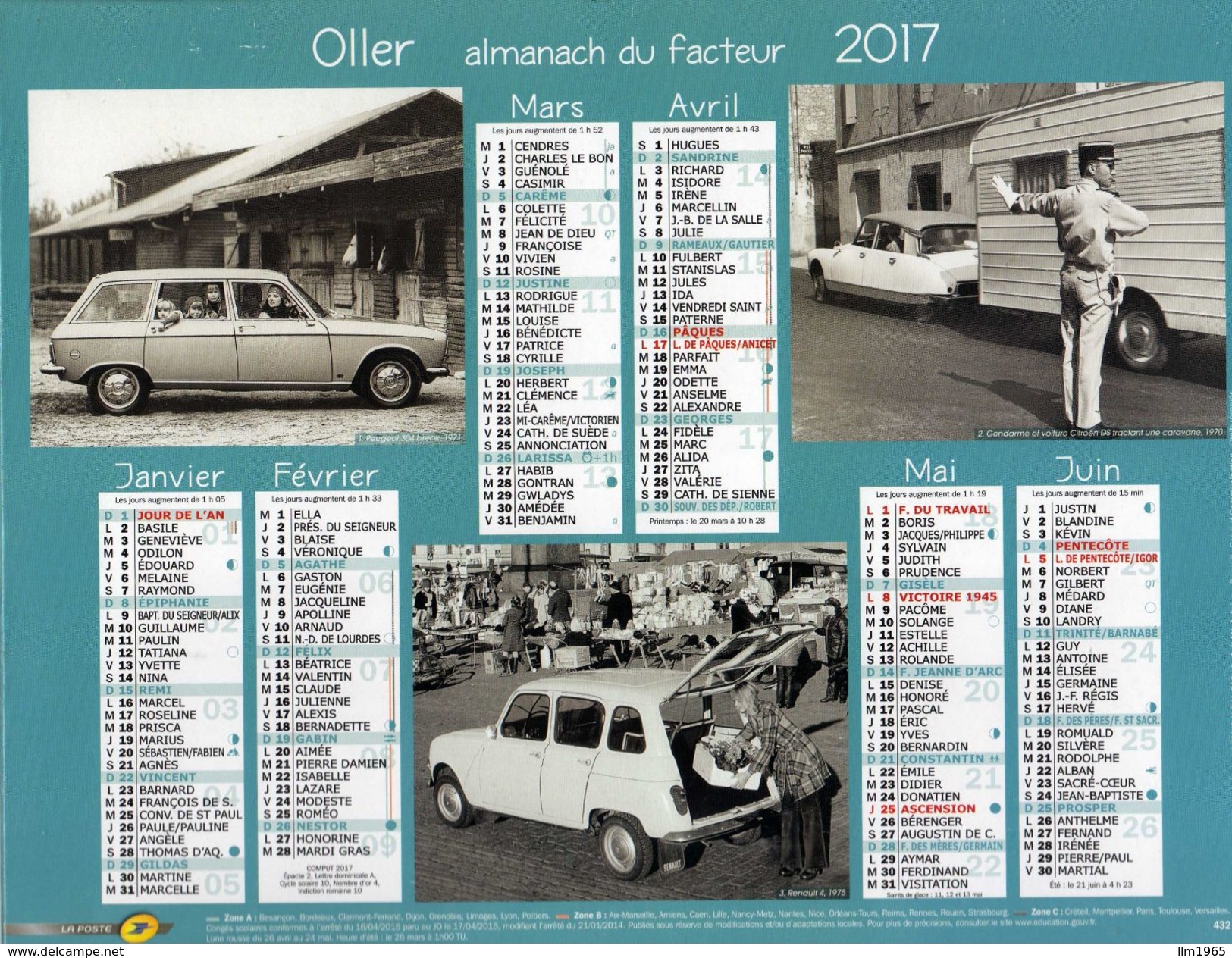 Calendrier Almanach La Poste 2017 Voitures Anciennes Rétro (Ami 6, 2CV, Simca 1000, Triumph, Peugeot 304, DS, Renault 4 - Big : 2001-...