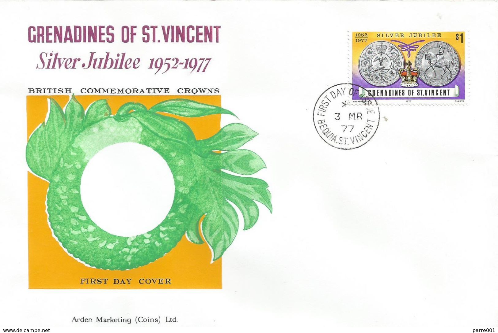Grenadines Of St Vincent 1977 Bequia Silver Jubilee Coin FDC Cover - Monnaies