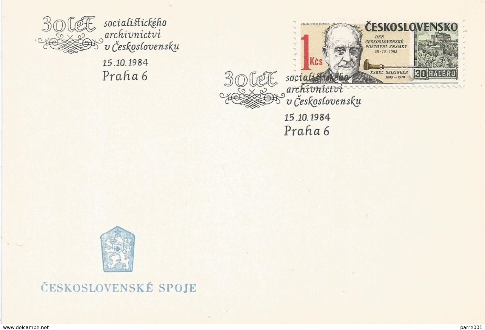 Czechoslovakia 1984 Prague Stamp Banknote Graveur Karl Seizinger Card - Brieven En Documenten