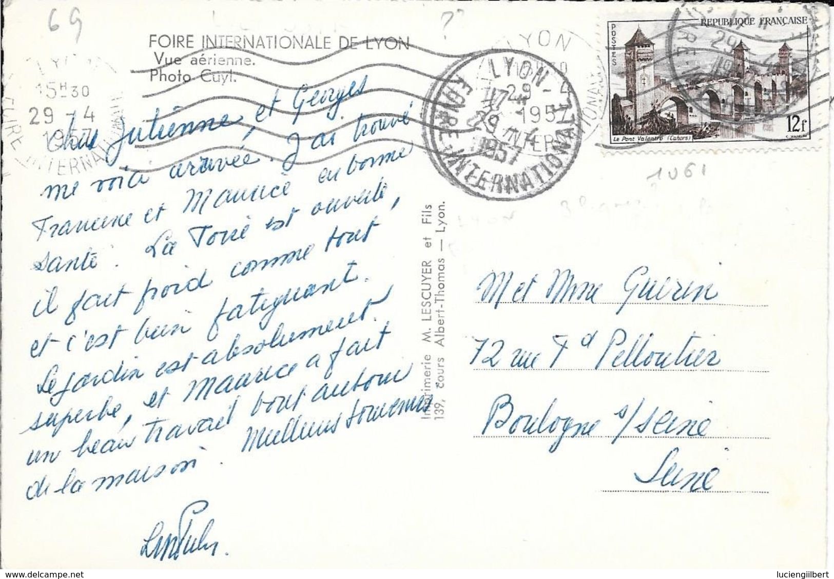 RHONE 69 -  LYON FOIRE INTERNATONALE  - FLAMME N° LYO 382 R -  CACHET TEMPORAIRE LYON FOIRE INTERATIONALE  -  1957  - - Mechanical Postmarks (Advertisement)