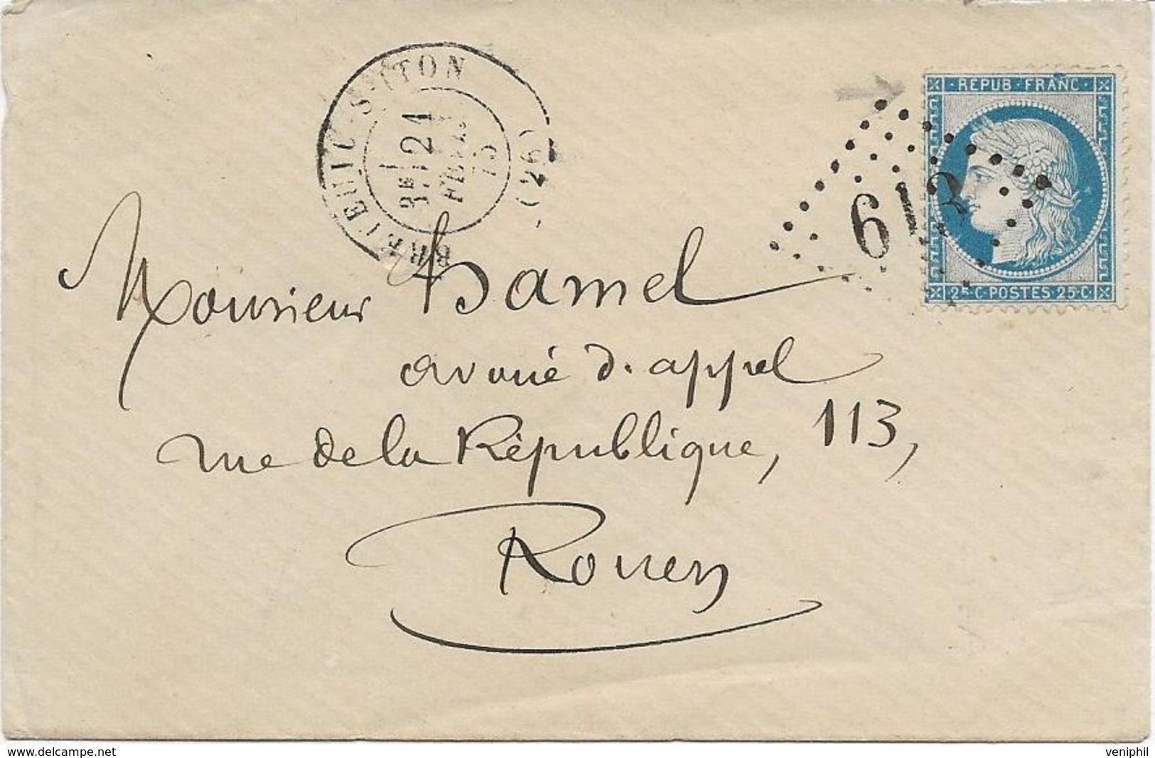 LETTRE AFFRANCHIE N° 60 AVEC VARIETE SUR LETTRE - OBLITERE LOSANGE GC 613 -BRETEUIL SUR ITON -EURE -1875 - 1849-1876: Klassieke Periode