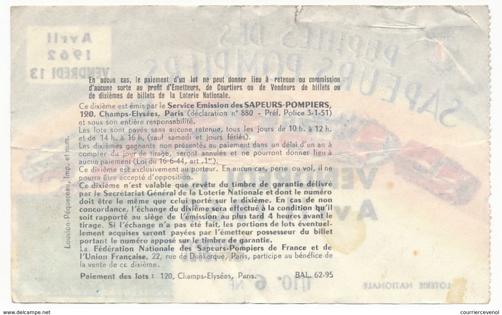 LOTERIE NATIONALE - 1/10eme Pupilles Des Sapeurs Pompiers - Vendredi 13 Avril 1962 - Billets De Loterie